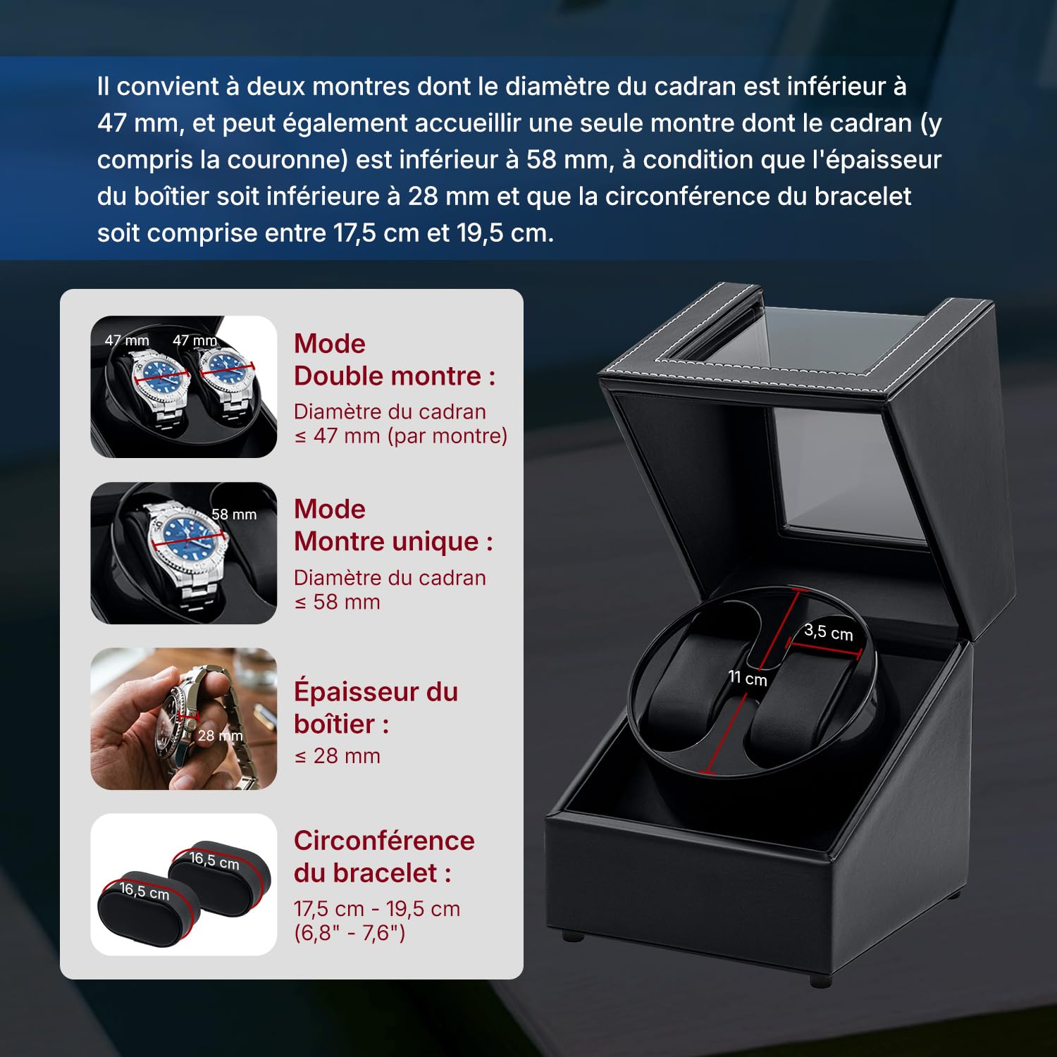 Boîtes de Remontoir de Montre pour 2 Montres Automatiques, Boîte de Remontoir de Montre Automatique, Vitrine en Cuir Acrylique, Rotation Silencieuse