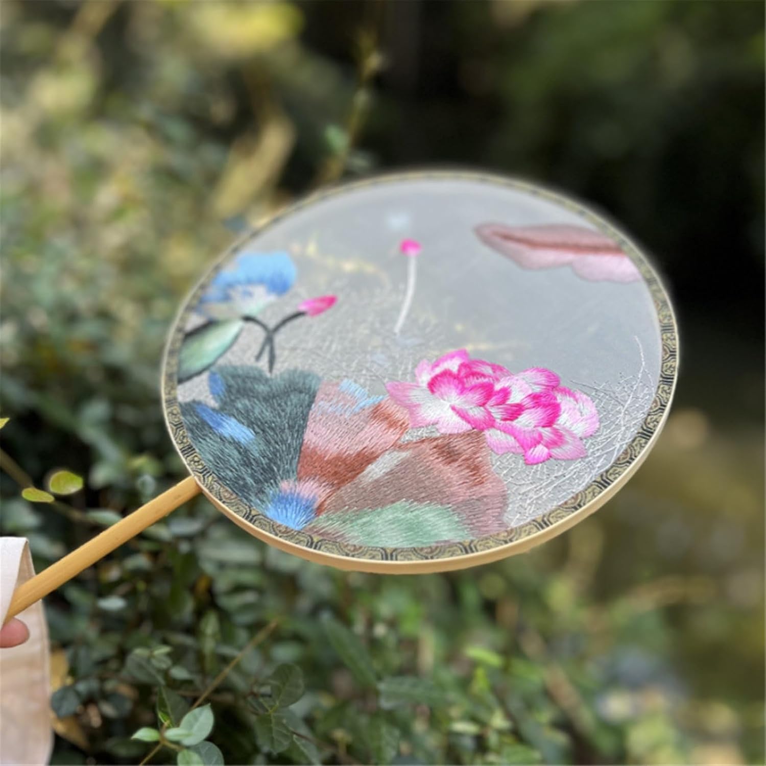 Round Hand Fan Summer Hand Fan Double-sided Embroidery for Outdoor,Travel,Events