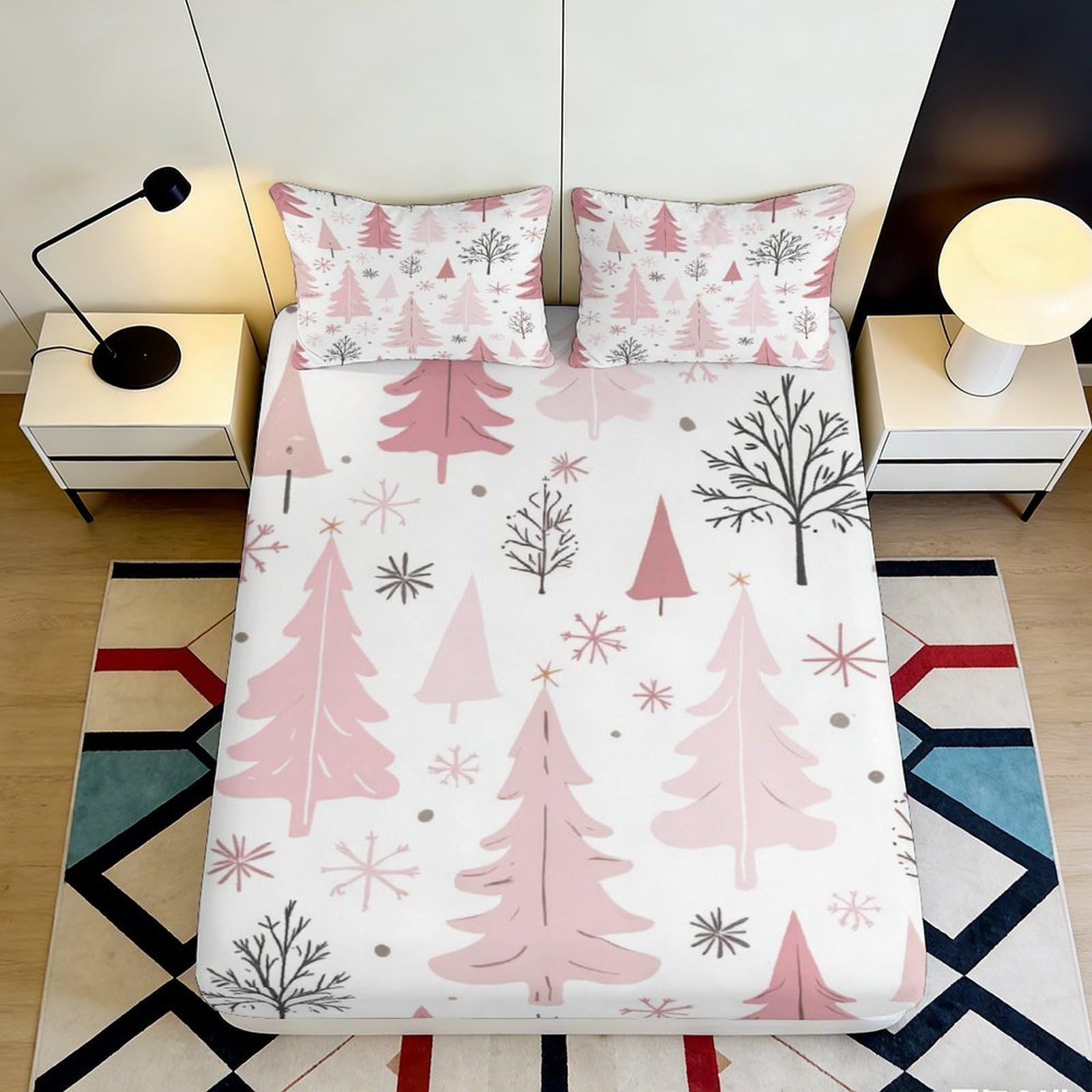 3D Printed Pink Christmas Tree Fitted Sheet Microfiber Soft Snowflake Mattress Cover for Bedroom Dorm Mattress Protection Decor 200x200x25cm