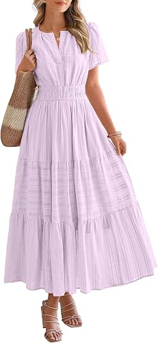 BTFBM Womens Summer 2026 Casual Midi Maxi Dresses Lightweight Short Sleeve V Neck Elastic Waist Boho Beach Dress Pockets