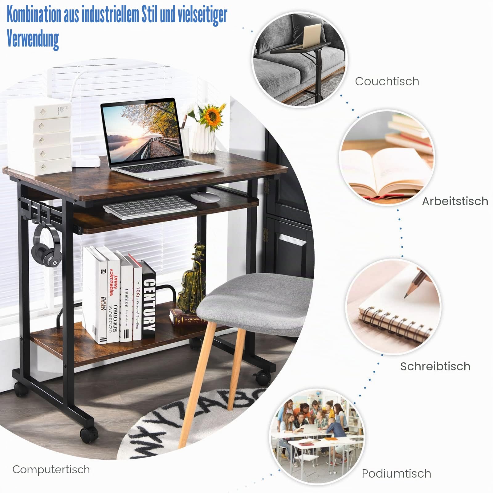 GIANTEX Mobiler Computertisch mit Rollen, Schreibtisch mit breiter Arbeitsfläche, Tastaturauszug, CPU-Ständer & Haken, industrieller PC-Tisch, für Zuhause & Arbeitszimmer, 80 x 50 x 75 cm (Braun)