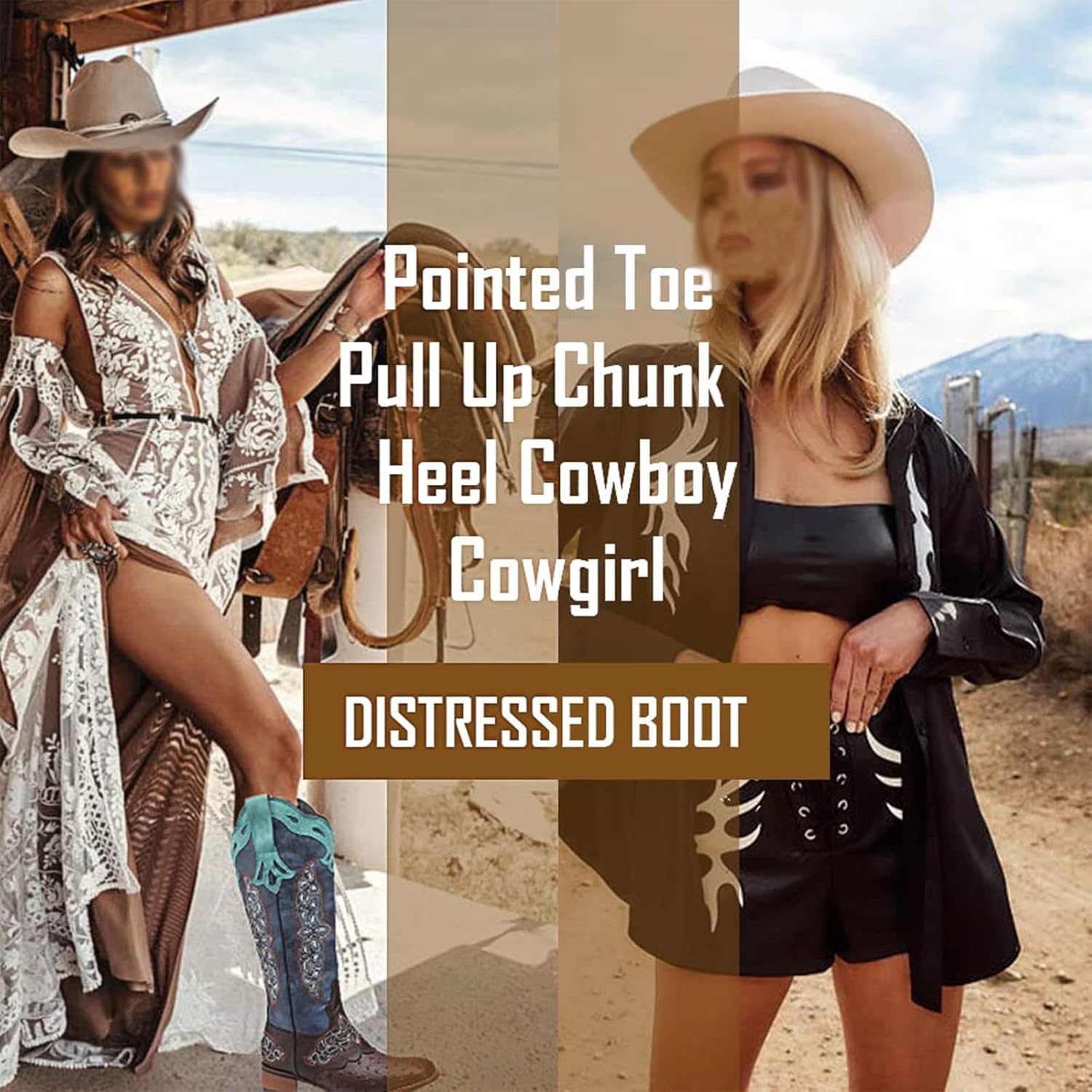 Women's Leather Western Cowboy Cowgirl Casual Ankle Boots Classic Pointed Toe Low Block Heel Dress Pull-on Mid-Calf Boots