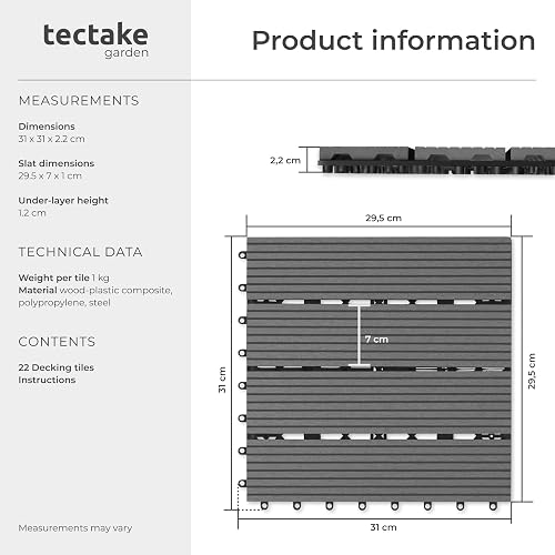 tectake® 22-Piece Decking Tile Set in Wooden Look, 31 x 31 cm per Tile, 2.1142m² Total Area, Easy Interlocking Click System, Non-Slip & Weather-Resistant WPC - Garden & Patio Decking Tiles - Grey - 6