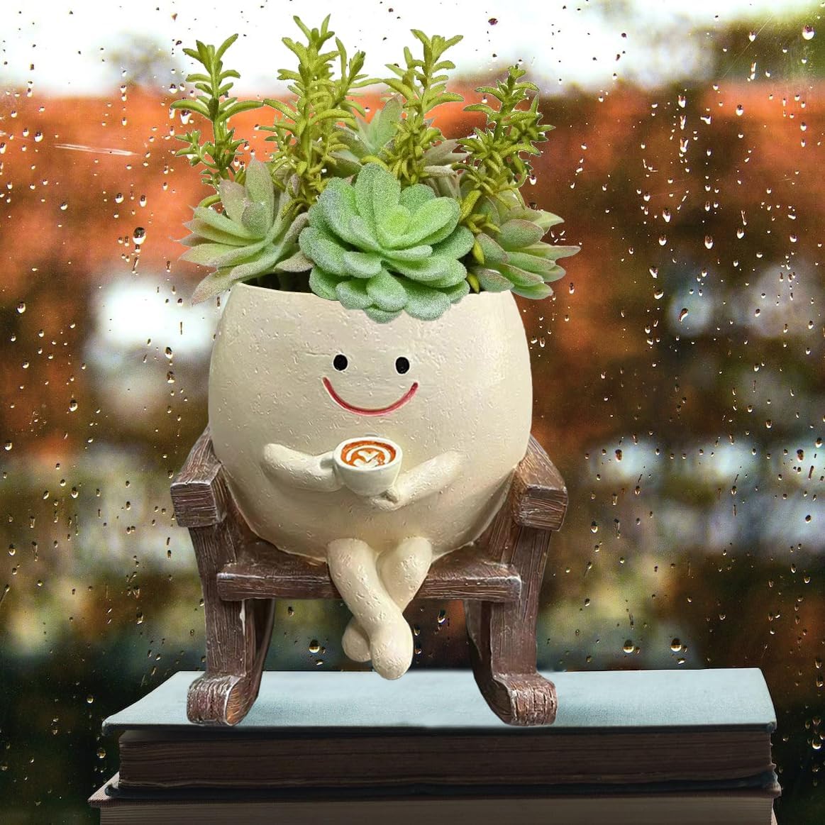 Rocking Chair Planter Face Pots for Plants with Drainage Hole, Smily Face Cute Pots for Indoor Plants, Swinging Planters with Faces Succulent Pots Unique Pots for Plants, Wood