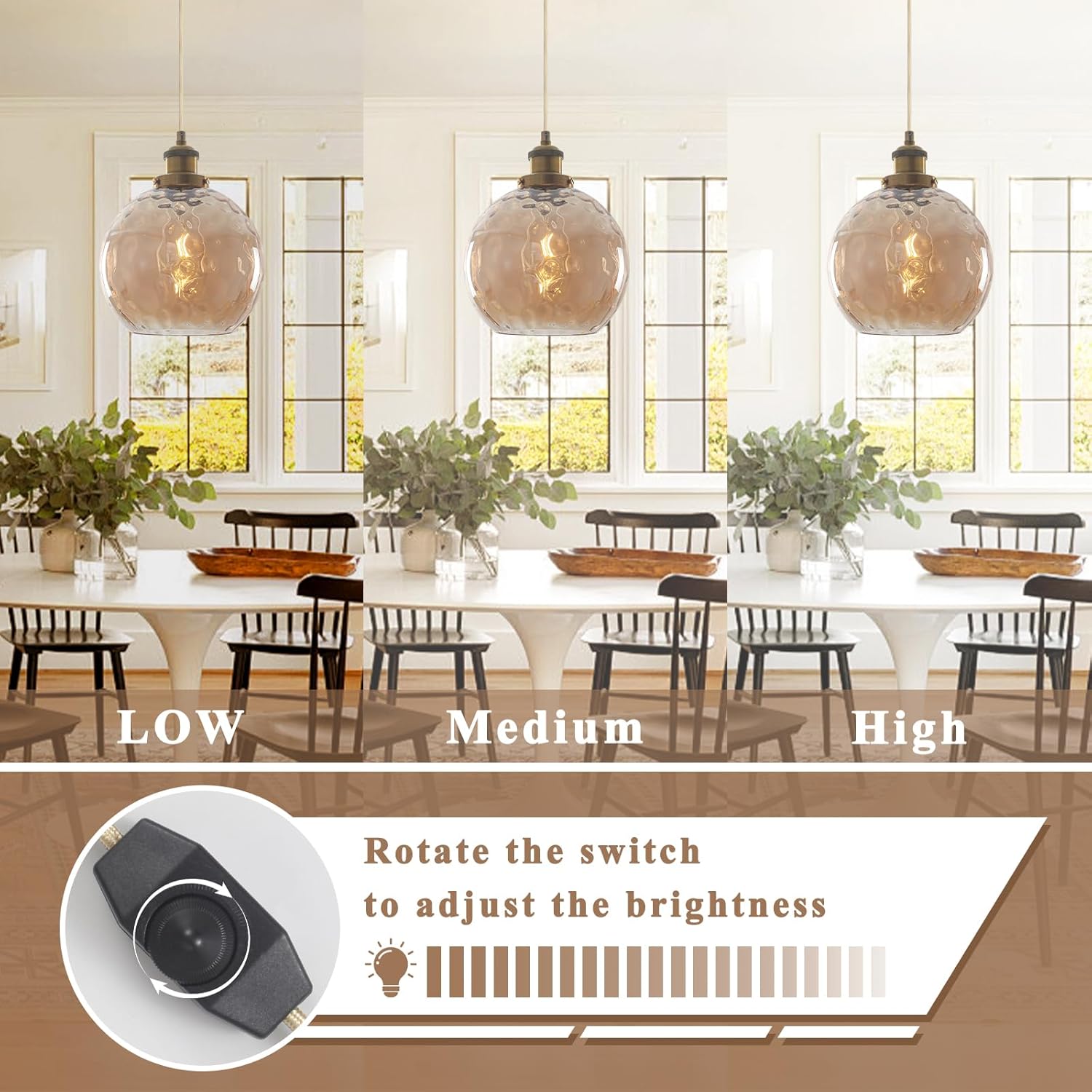ETONIMERR Plug in Pendant Light, Amber Brown Glass Chandelier Hanging Light Fixture for Dining Room, Outdoor Pendant light with 15ft Cord and Dimmable Switch for Porch Gazebo Kitchen Island Livingroom