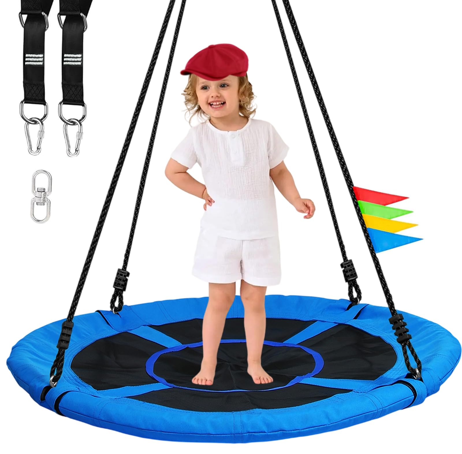 Joytential Altalena da Giardino per Bambini, Capacità Massima 320kg, Diametro 100cm, Altalena Rotonda a Nido per Cortile Esterno e Interno, Tessuto Textilene, Sedile Rotondo (Blu)