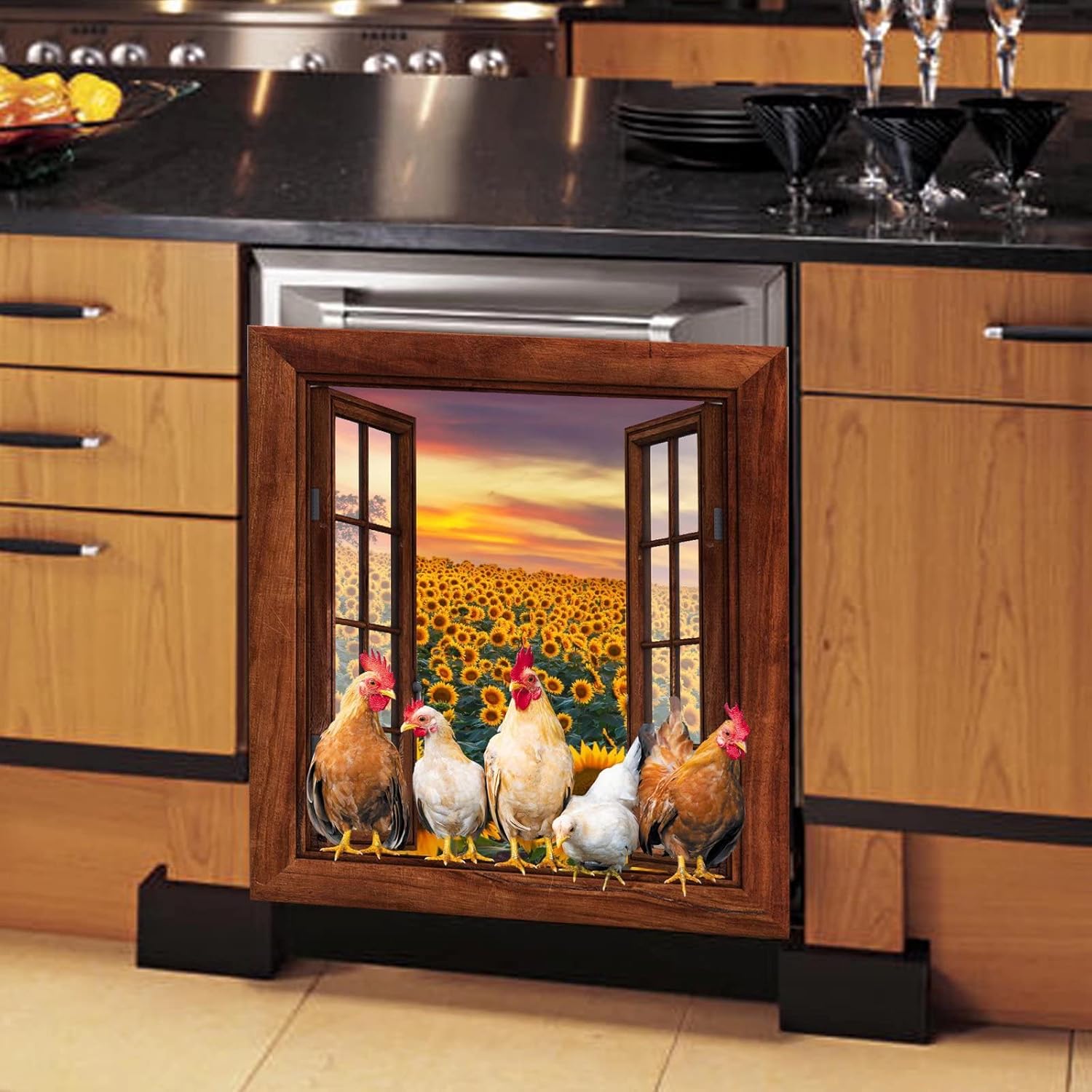 AWAK Country Chicken Dishwasher Magnet Cover,Farm Sunflower Dish Washer Door Sticker,Farmhouse Rooster Fridge Magnetic Kitchen Decor,Hen Decals Refrigerator Panel,Funny Farm Home Appliance Wallpaper