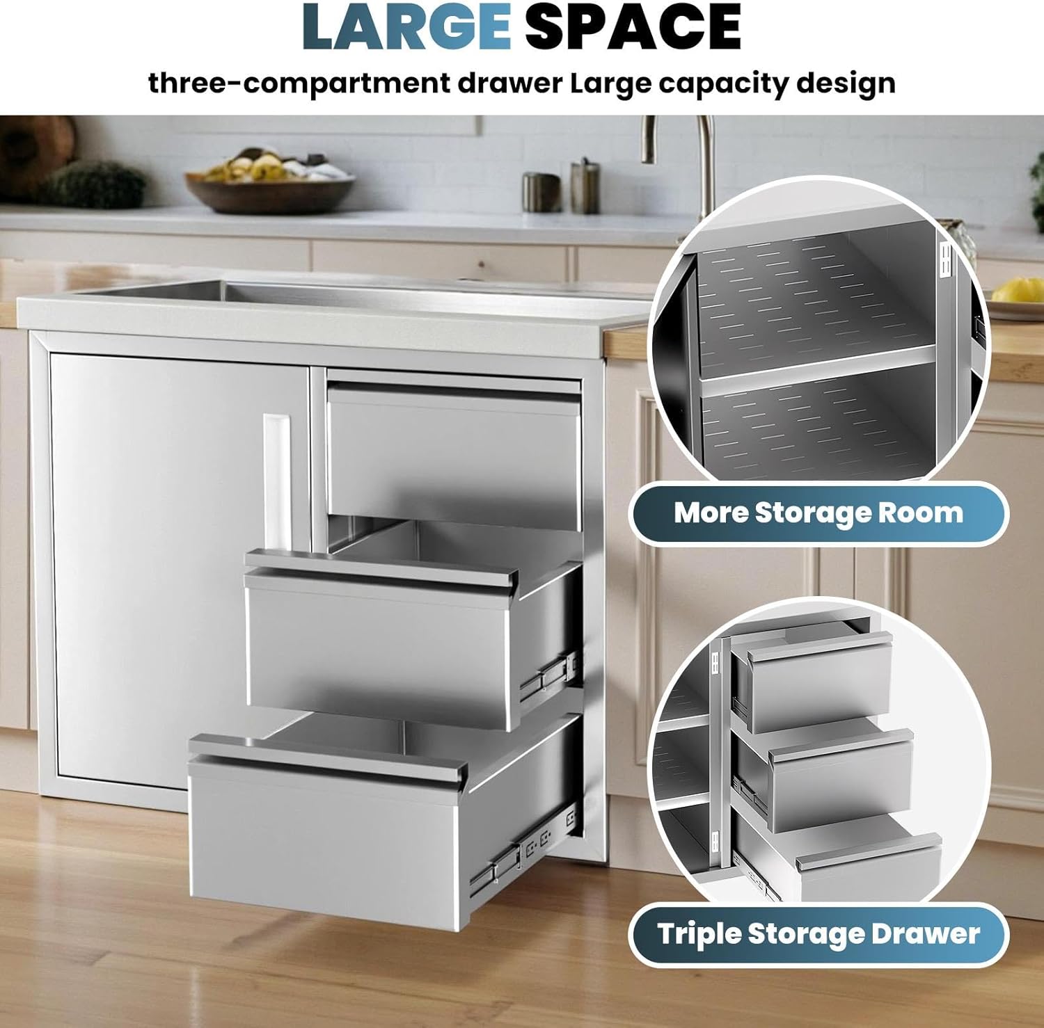 Outdoor BBQ Island Drawer Combo, Left-Mounted Triple Stainless Steel Drawers & Access Cabinet for Grilling Station and Outside Kitchen (28" W x 19.6" D x 20.1" H)