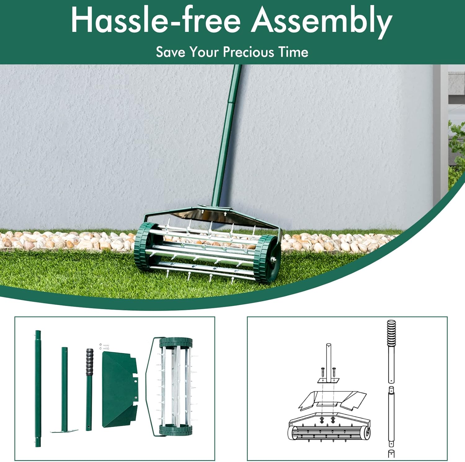 GYMAX Lawn Aerator, Rolling Aerator with Fender, Anti-Slip Handle & Tine Spikes, Push Plugger Aerator for Garden, Backyard Maintenance, Soil Grass Manual Aerator Tool (with Fender)