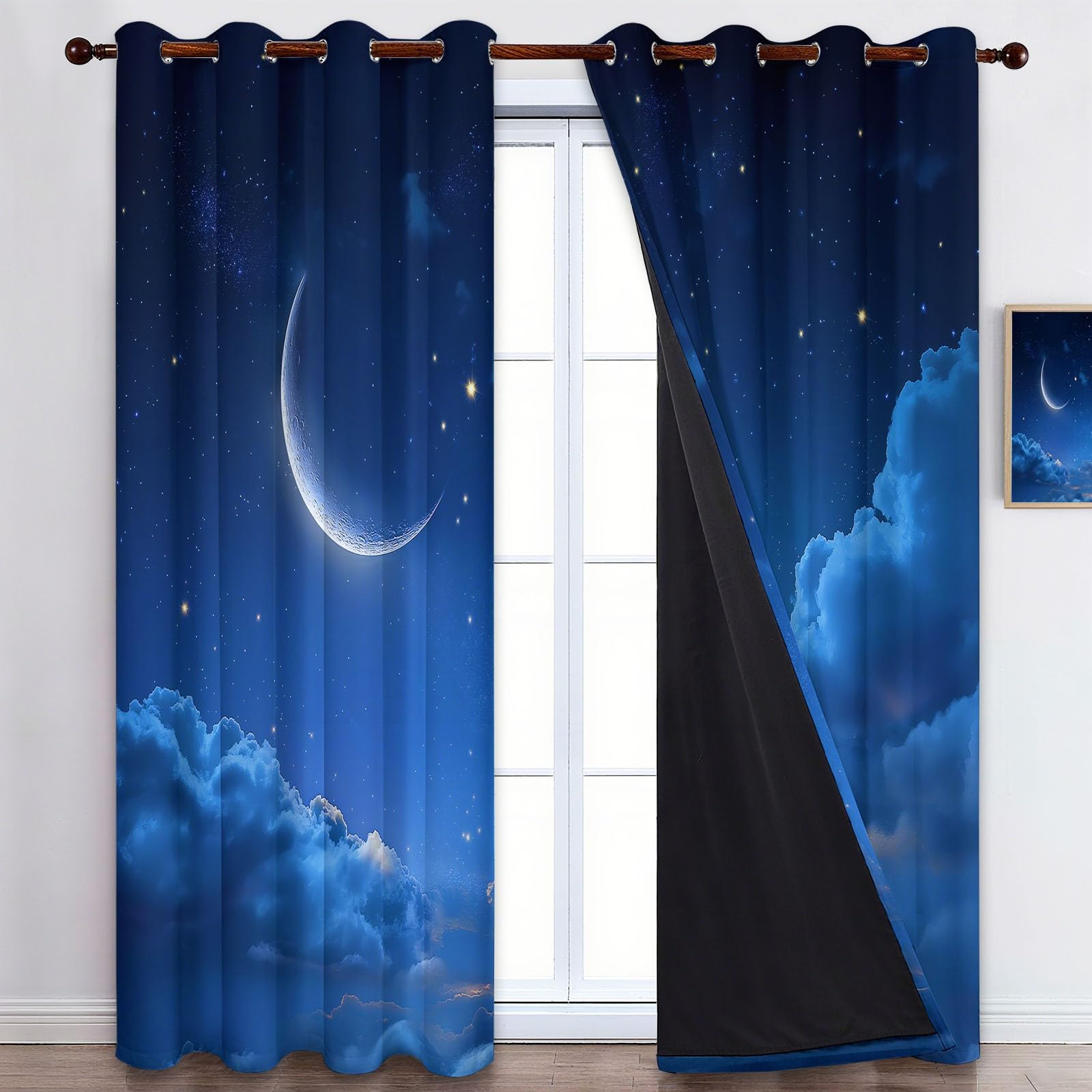 Rideau Occultant Bleu, Ciel Étoilé Croissant Nuages Rideaux à Oeillets, Rideau Thermique Isolant Anti Froid et Chaleur pour Salon Chambre Chambre D'enfants Fenetre Décoration 92L x 214H cm Lot de 2