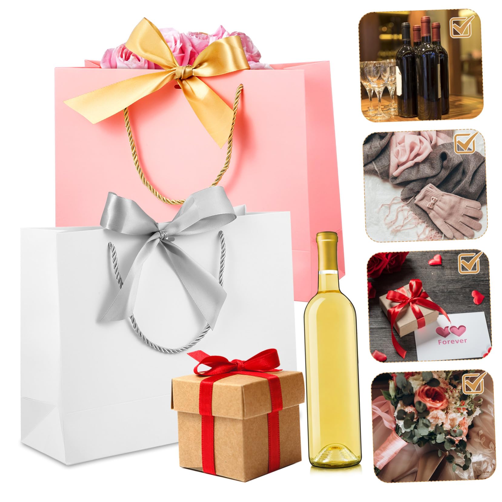 LOLIPPYY 10 Stück Teiliges Geschenktüten mit Griffen und Schleifenband Papiertragetaschen für Hochzeit Party Geschenkverpackung Stabile Tragegriffe Klassisches Design in Weiß und Rosa
