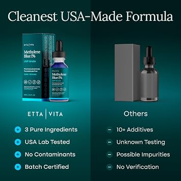 Methylene Blue Drops - USP Pharmaceutical Grade 99.99% Pure 1% Solution for Energy, Focus, Clarity, Cognition & Cellular Support - 3rd Party Tested, Formaldehyde-Free, Made in USA, 2oz Tincture