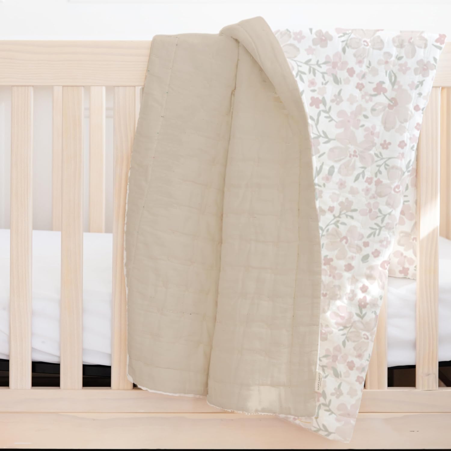 MakeMake Organics Organic Toddler Comforter GOTS Certified Organic Kids Blanket Cotton Infill Tufted - Reversible Ultra Soft Breathable Boys Girls (44"x60", Blossom + Solid Taupe)