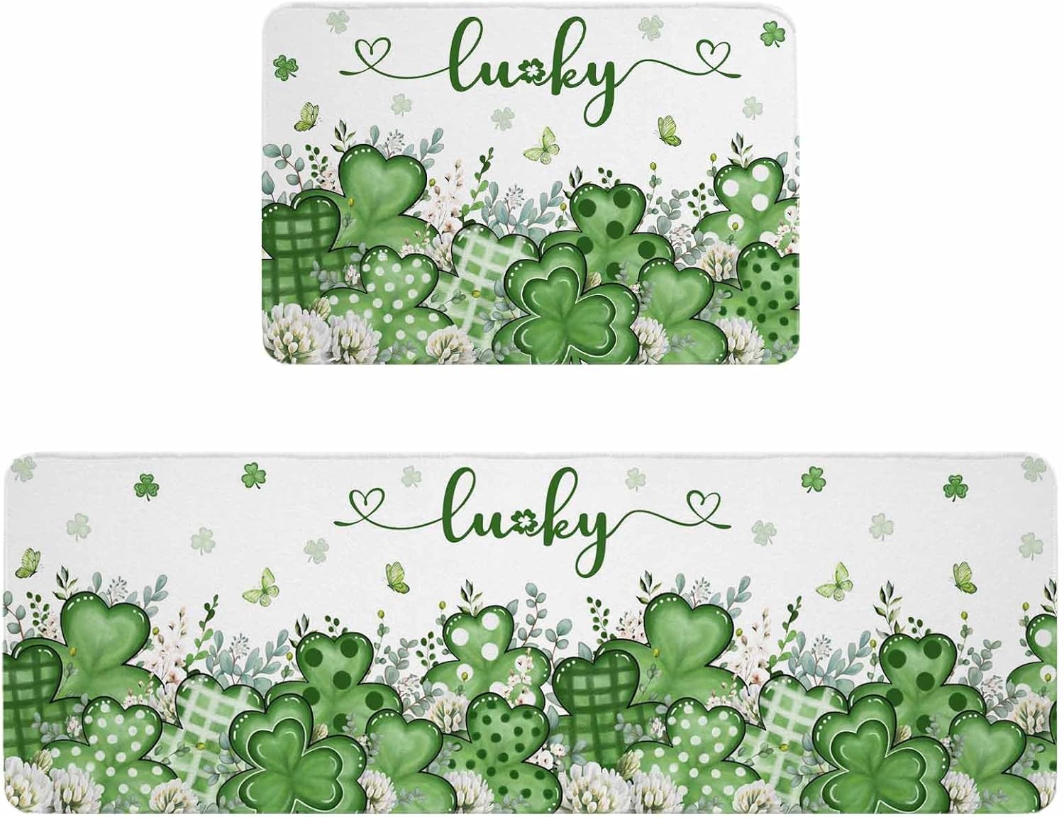 St Patricks Day Kitchen Rugs and Mats Set of 2, Non-Slip Kitchen Sink Mat, Green Love Heart Spring Butterfly Shamrock Washable Doormat Bathroom Rugs Runner for Bedroom 15.7"x23.6"+15.7"x47.2"