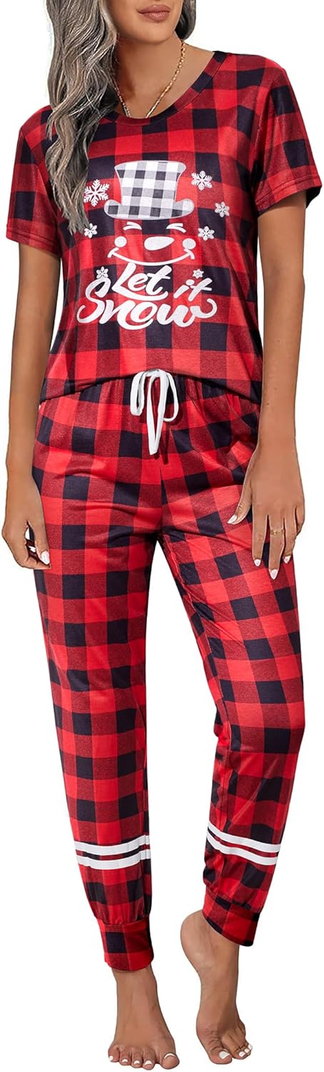 Ekouaer Womens Pajamas Set 2 Piece Lounge Pj Set Short Sleeve Sleepwear Tops with Joggers Pants Loungewear Print Nightwear