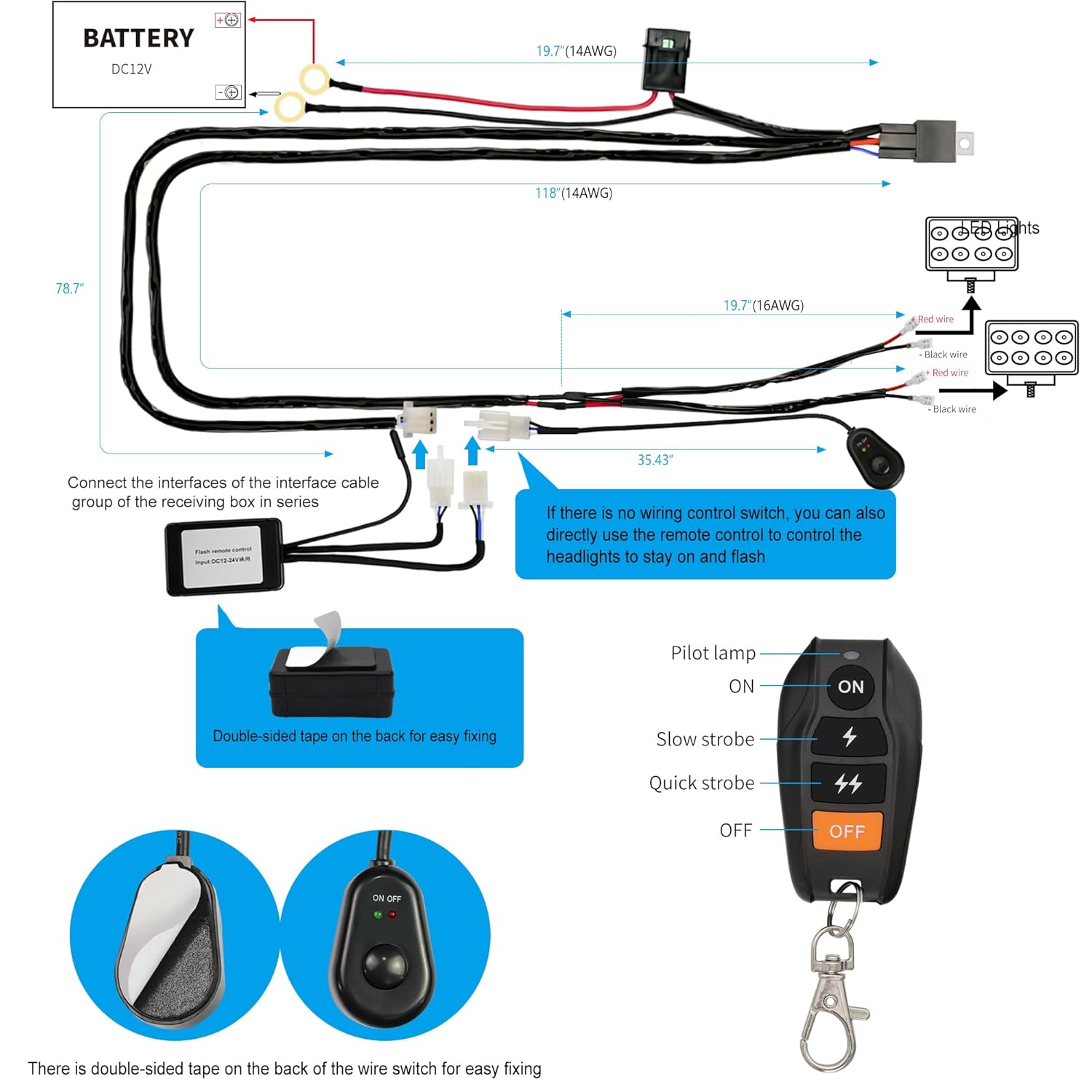 LED Lights Bar Wire Harness Kit with Remote Control 2Leads DC12V 40A Fuse Relay 14AWG 3.5M/11.5FT Wiring Harness Kit fit for LED Work Lights Driving Fog Lights bar Max Support 300W