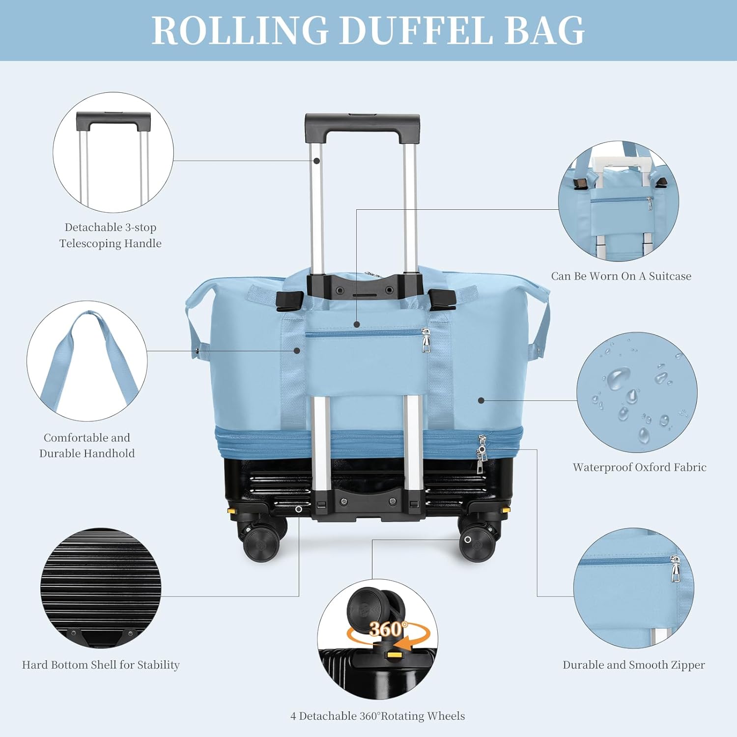 Rolling Duffel Bag with Detachable Wheels & Handle,Expandable Foldable Travel Duffle Bag,Carry on Luggage Large Tote Bag for Gym Overnight Weenkend Trip(Light Blue)