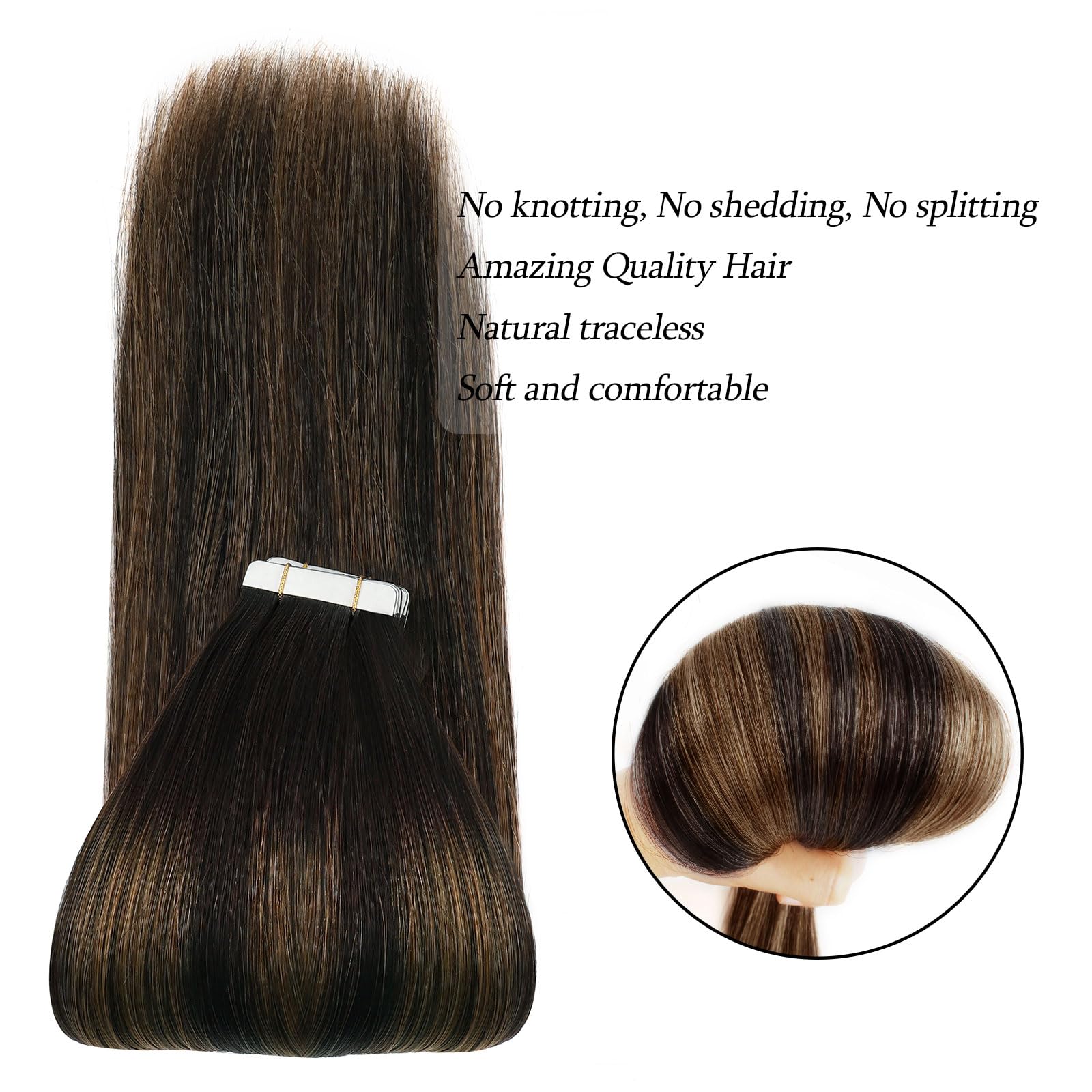ABH AMAZINGBEAUTY HAIR Tape in Hair Extensions Real Human Hair Rooted Darkest Brown Highlighted Chestnut Brown Tape in Human Hair 14 Inch #P2-6-2 50g 20pcs - Image 4