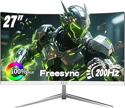 ZZA 27" Curved Gaming Monitor, Full HD1920x1080P VA Panel 1800R Computer Monitor,200HZ CP Screen,100% sRGB,3Sides Frameless, Flicker-Less,Blue Light Filter, for Office & Gaming