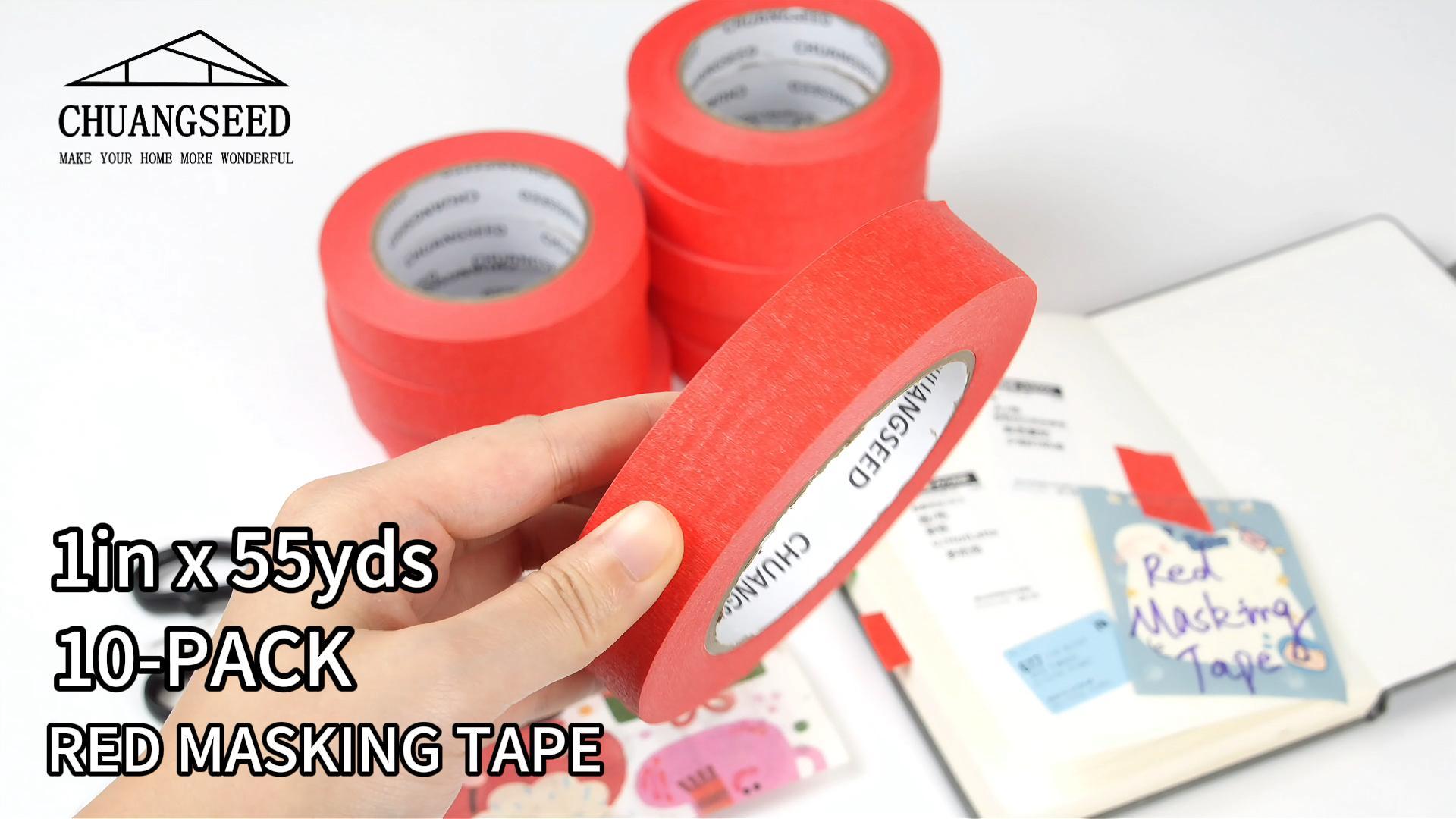 Image of CHUANGSEED Red Painters Tape 1 Inch x 55 Yards x 10 Pack - Red Masking Tape Bulk Multi-Surface Residue Free Painting, DIY Crafting, Marking, Artwork and School Projects, 550 Yards Total