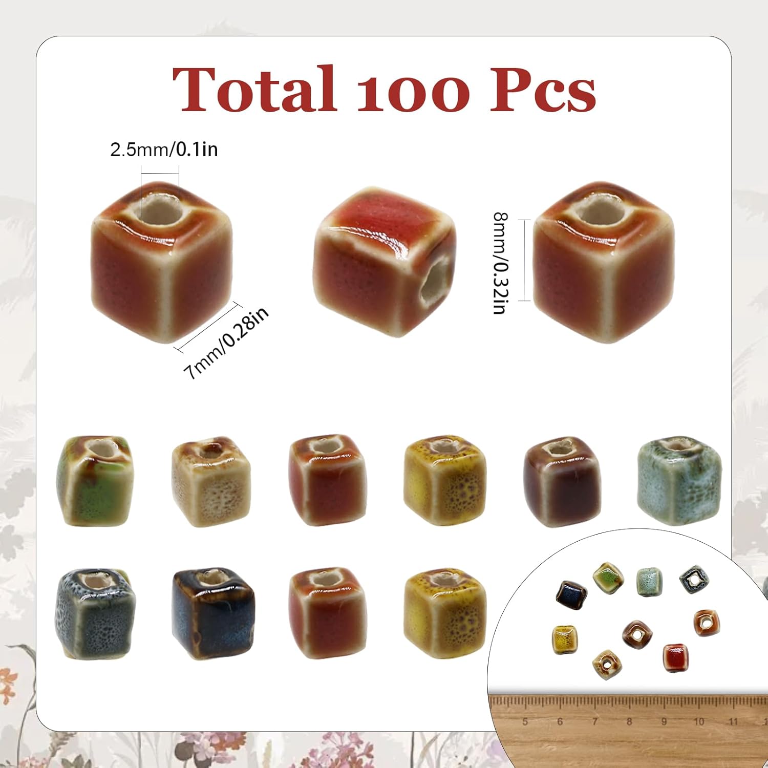 Decoendiy 100Pcs Ceramic Cube Beads, Geometric Square Beads, Handmade Porcelain Painted Beads, Loose Shaped Spacer Beads, for Jewelry Making DIY Bracelets Crafts Supplies - Image 2