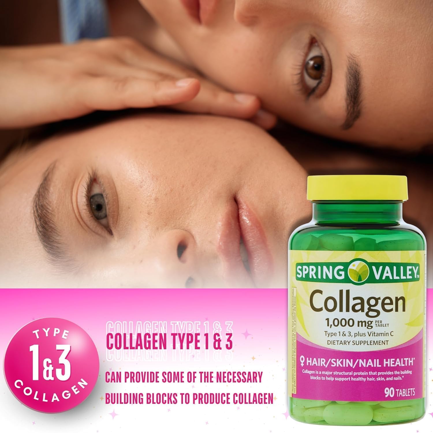 Collagen Type 1 & 3 Plus Vitamin C Hair Skin Nails Health Dietary Supplement Tablets, 1,000 mg, 90 Count by Spring Valley (Pack of 1) + VSL Sticker