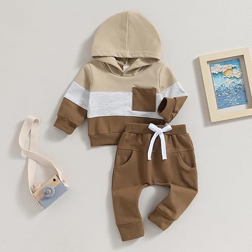 Miniatura 3 de Ursobutegl Ropa para bebé niño pequeño, sudadera con capucha y bloques de color, 2 piezas, sudadera para otoño e invierno