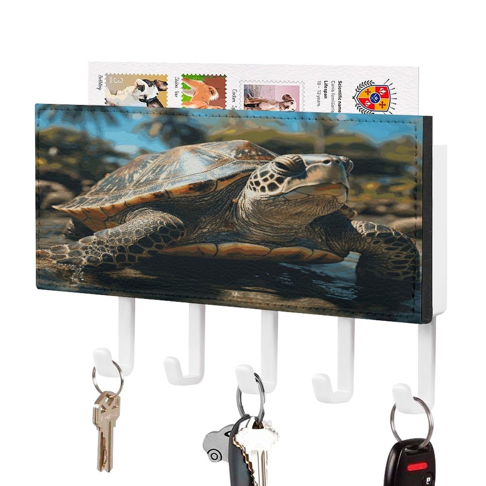 JTREHY Big Turtle and Palm Trees Key Holder Wall Mount Decorative Key and Mail Holder PU Leather Adhesive Key Organizer Hanging Key Hooks Wall Shelf with 5 Hooks for Entryway Hallway Office