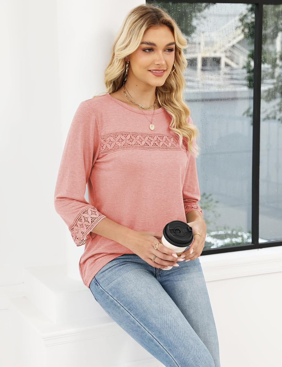 VIMPUNEC 3/4 Length Sleeve Womens Tops Lace Blouses Dressy Casual Shirts Summer Clothes - Image 5