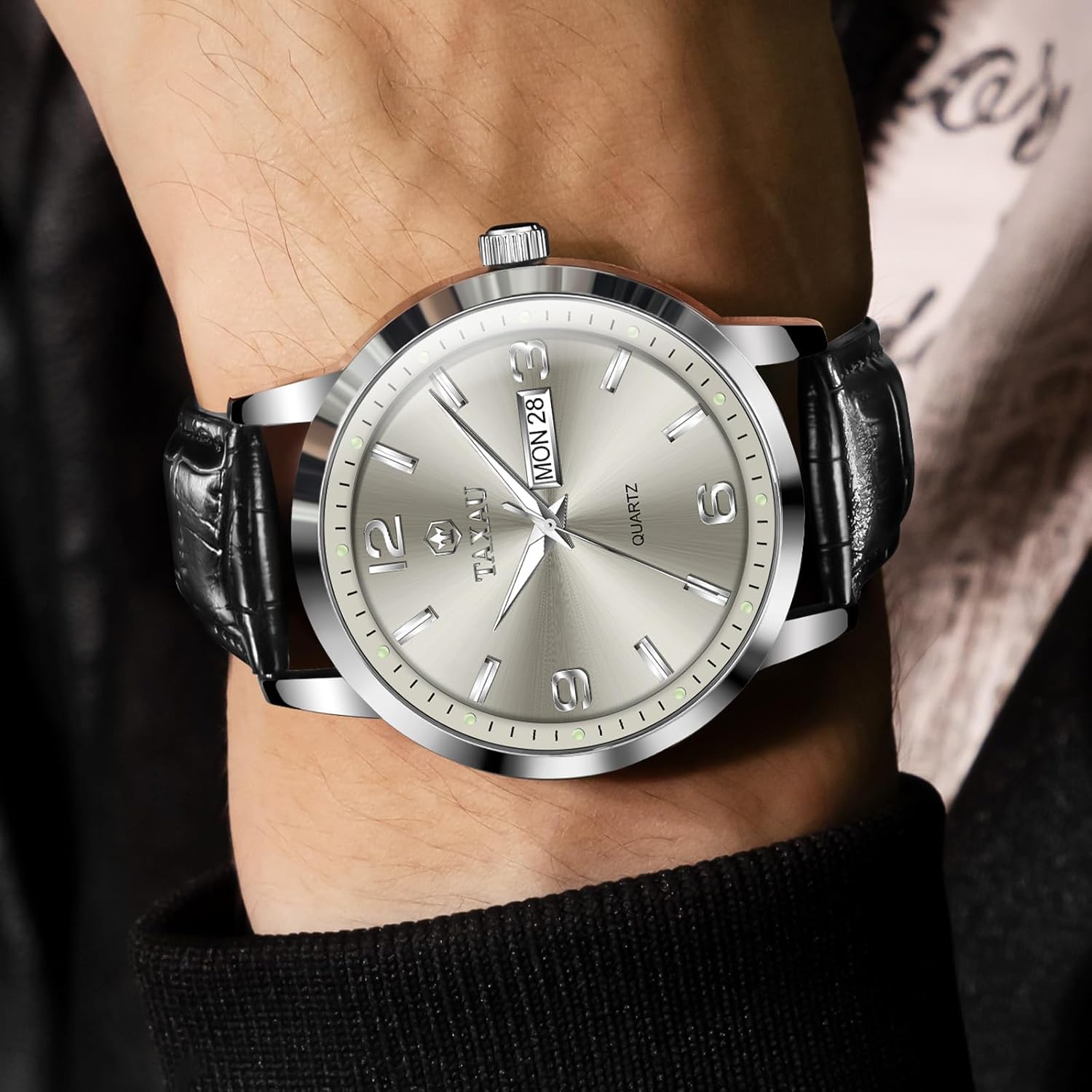 Watches for Men Leather Large Arabic Numerals Mens Watches Waterproof Band with Date Quartz Men's Wrist Watch - Image 2