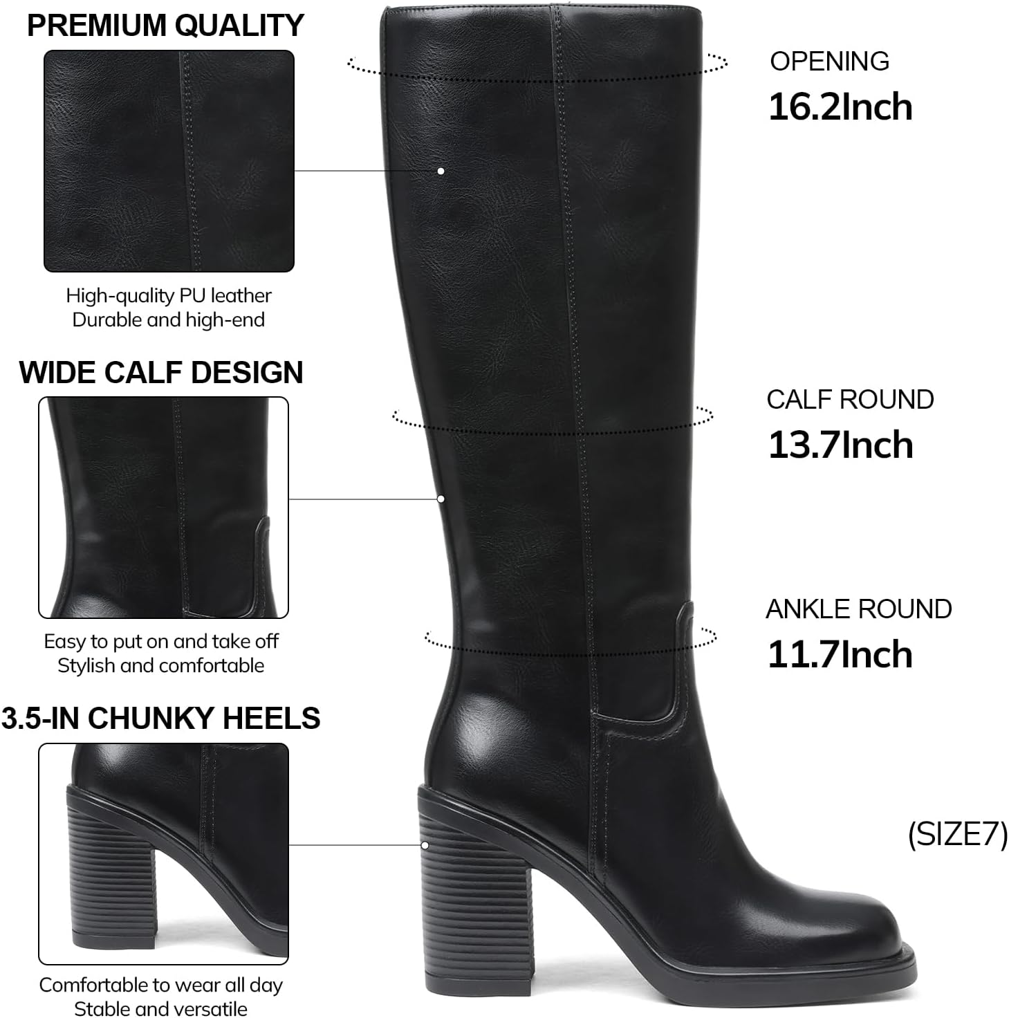 Uacllcau Knee High Boots Women Wide Calf Platform Boots for Women Square Toe Chunky Block Heeled Riding Tall Long Boot Comfortable Trendy - Image 4