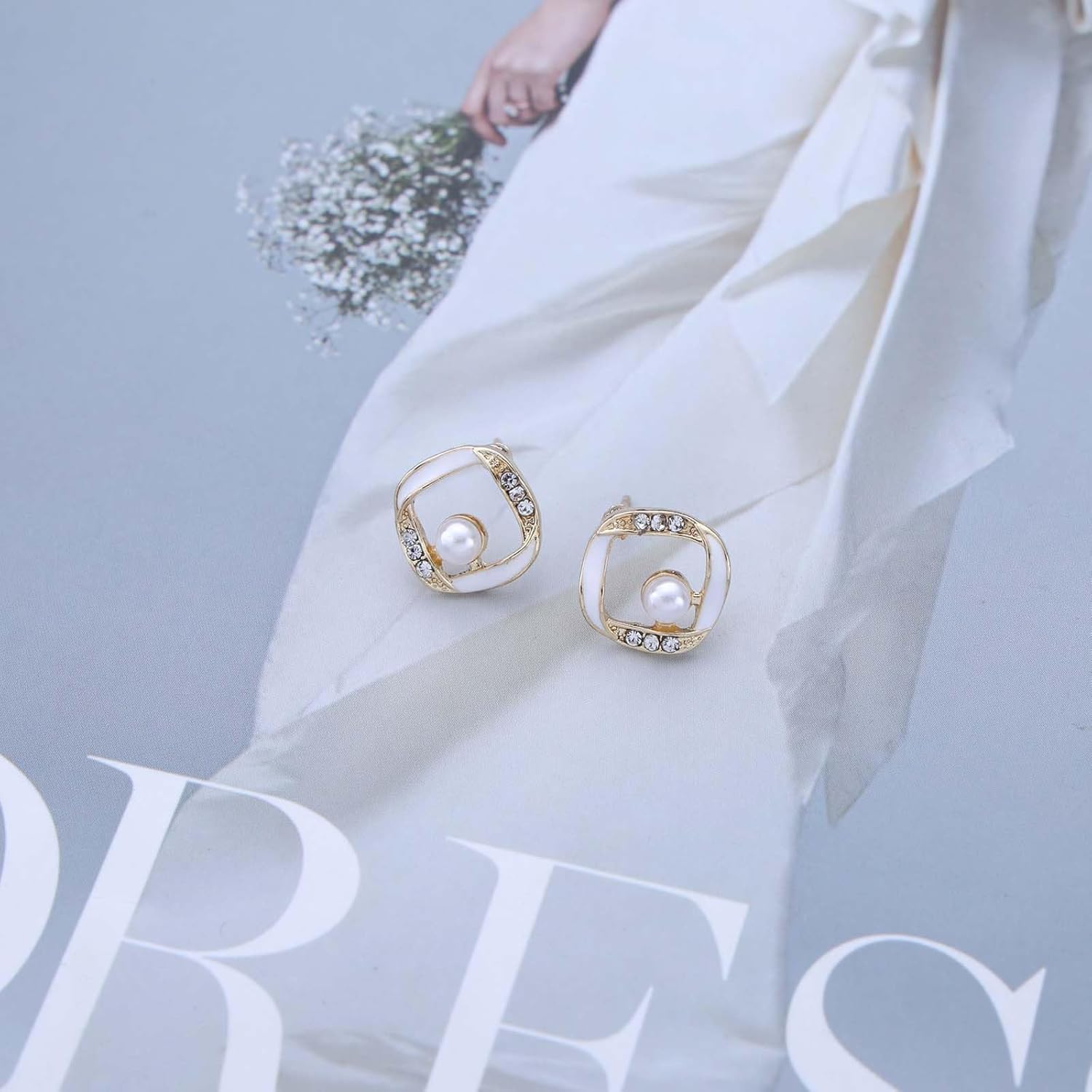 Vintage Crystal Pearl Stud Earrings Hollow Cz Square Earrings Pearl Square Earrings Gold Pearl Earrings Jewelry for Women - Image 6