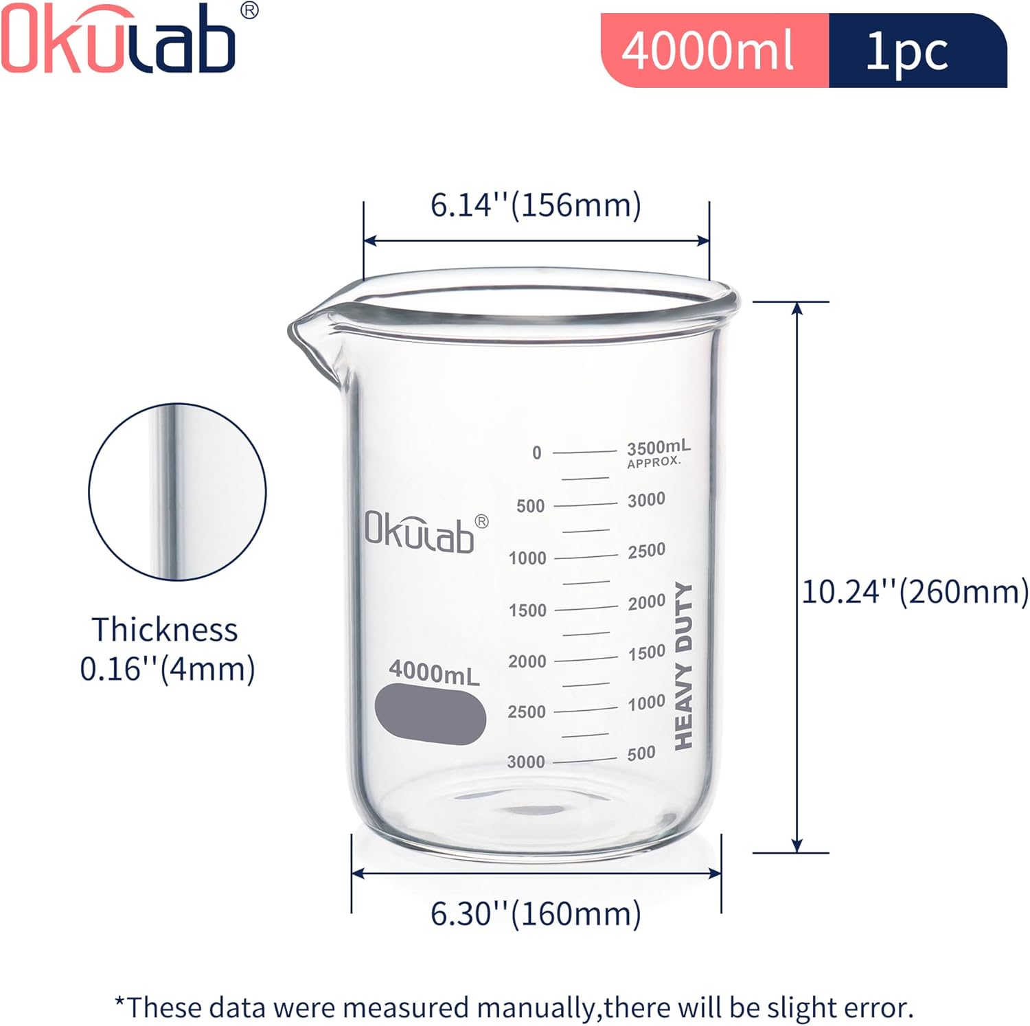 Heavy Duty Glass Beaker Set, Thick-Walled 3.3 Borosilicate Glass Beakers, with Double Scale Printed Graduation, Vol.4000ml, HBKG4000A1