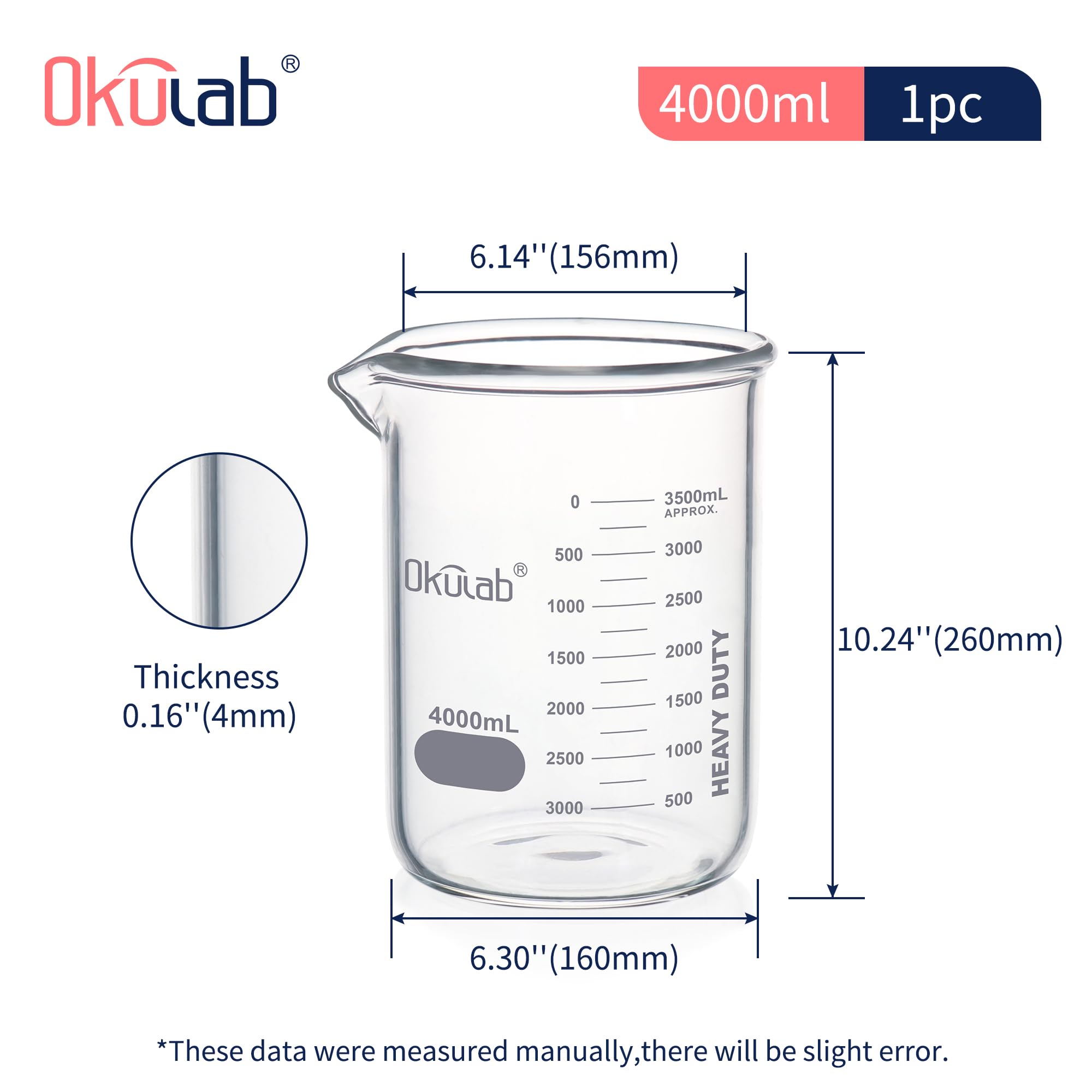 HBKG4000A1 - Set di bicchieri in vetro borosilicato 3.3 a pareti spesse, con graduazione stampata a doppia scala, vol.4000 ml, HBKG4000A1