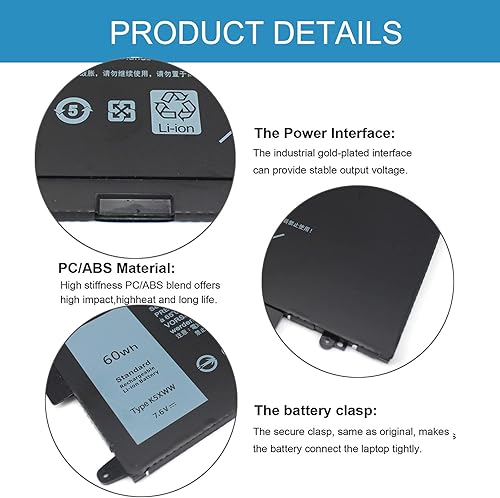 Miniatura 6 de Uziyockn 60Wh K5XWW - Batería para portátil Dell Latitude 5289 7389 7390 2 en 1 Series Latitude 12 5000 E5289 L3180 Series P29S001 P29S002 451-BBZC