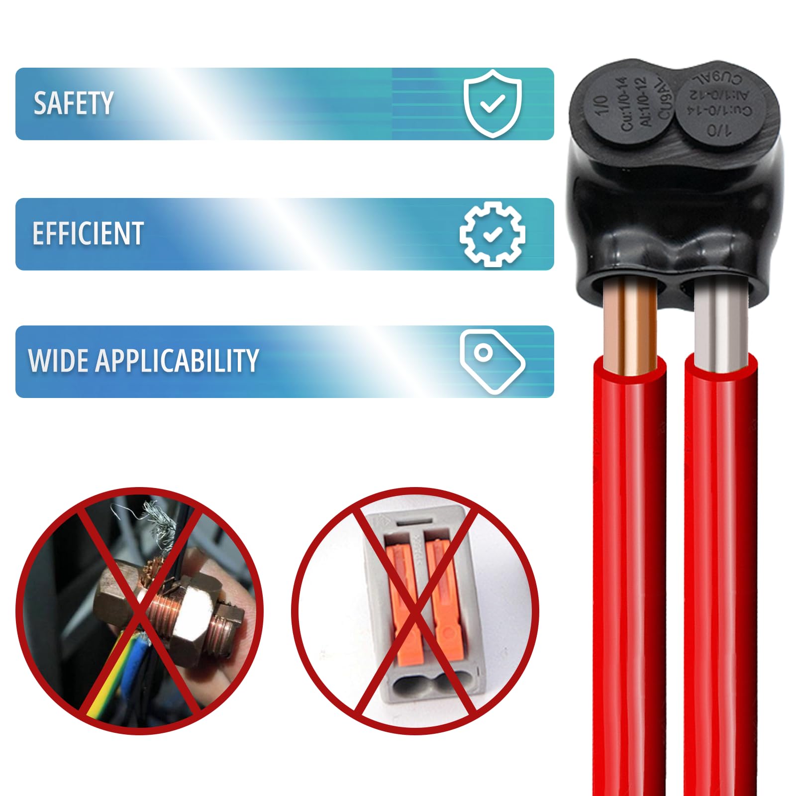 Conector de empalme aislado, conectores de cable múltiple aislados, 2 puertos, terminales de interconexión precargados negros para cableado eléctrico y marino riguroso (4-14 AWG, 4 unidades)