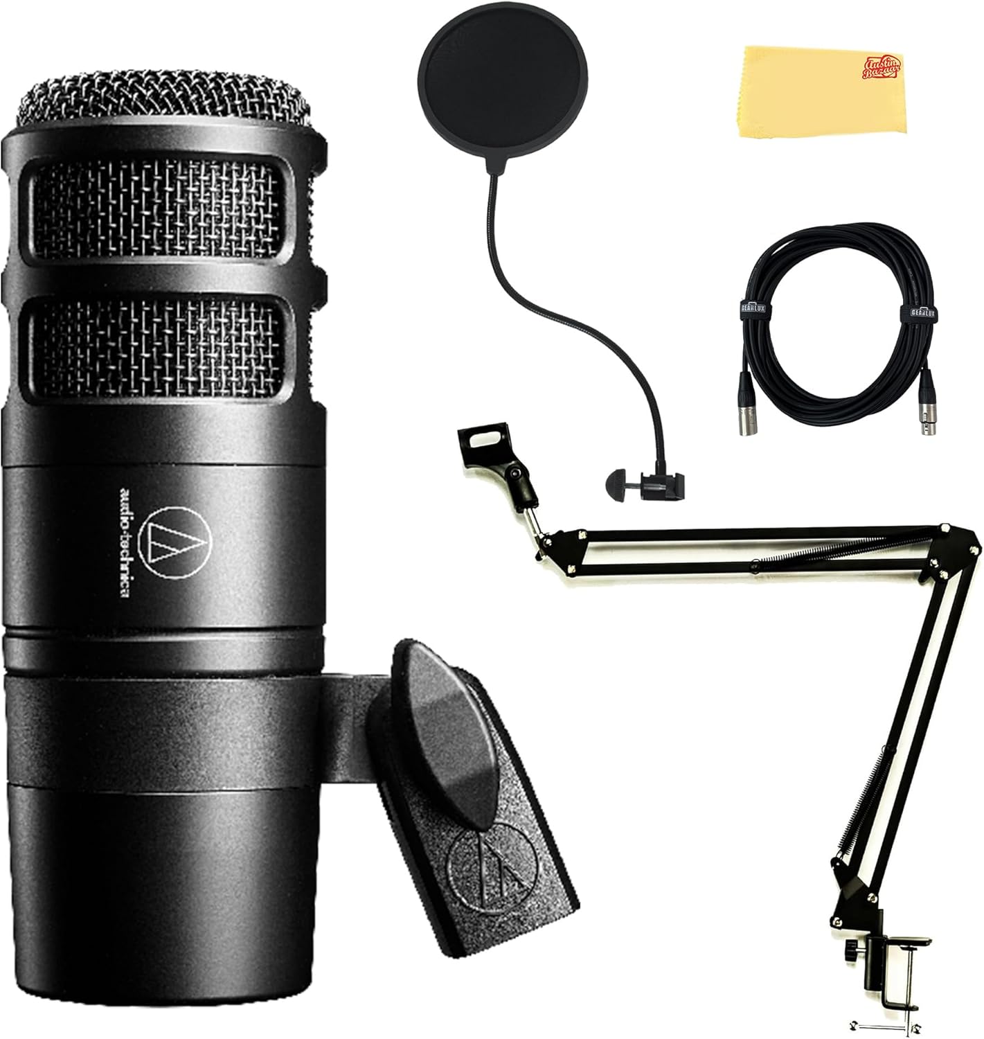 Audio-Technica AT2040 Hypercardioid Dynamic Podcast Microphone Bundle with Pop Filter, Boom Arm, XLR Cable, and Austin Bazaar Polishing Cloth Audio-Technica AT2040 Hypercardioid Dynamic Podcast Microphone Bundle with Pop Filter, Boom Arm, XLR Cable, and Austin Bazaar Polishing Cloth