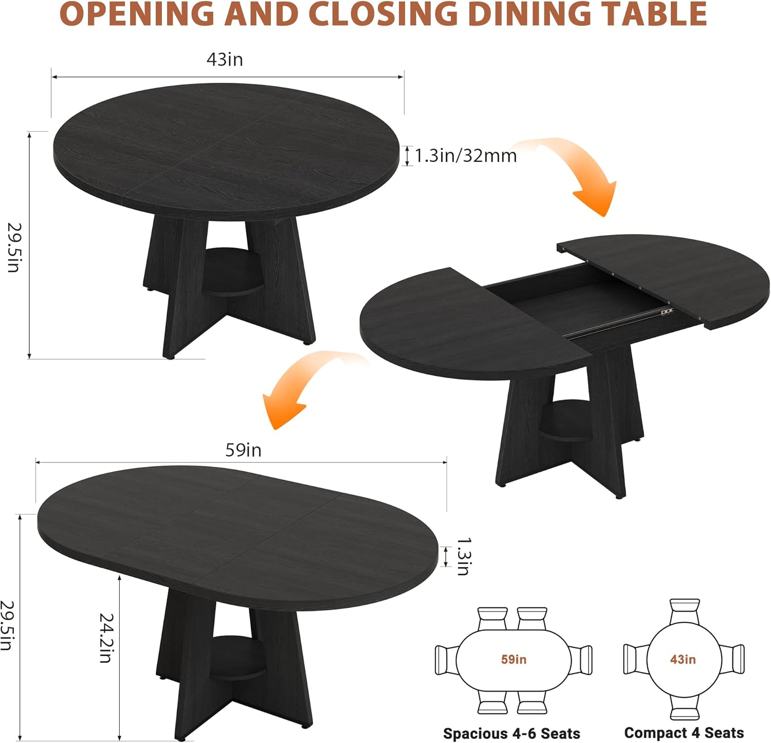 43''–59'' Extendable Dining Table, Round Kitchen Dining Room Dinner Table with for 4 6 8 People, Space Saving Modern Oval Expandale Furniture with Storage and Pedestal for Kitchen Living Room (Black)