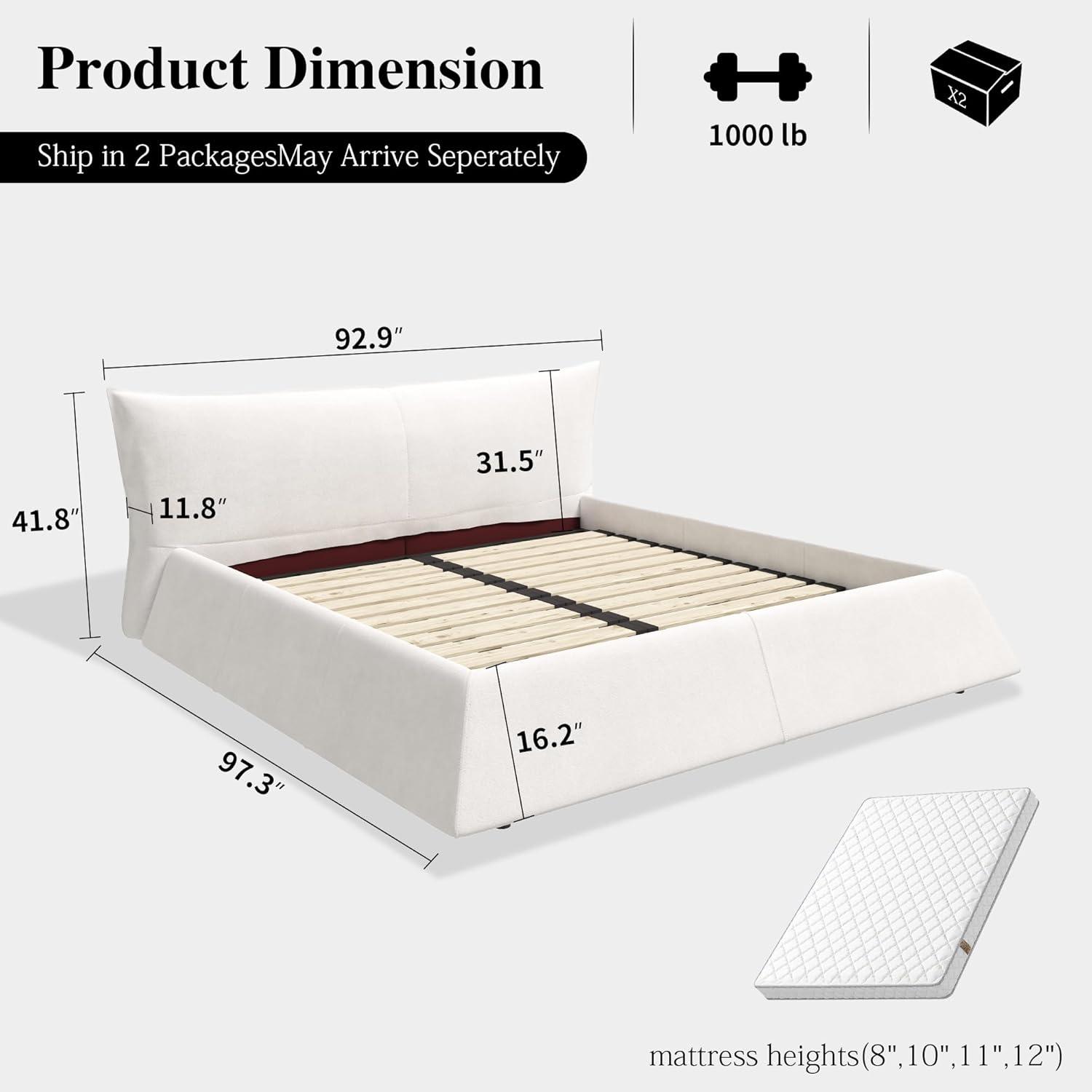 King Size Cloud Bed Frame with Oversized Soft Velvet Thick Headboard, Modern Luxury King Size Upholstered Platform Bed, Elegant Design Soft Bedframe, No Box Spring Needed, Cream