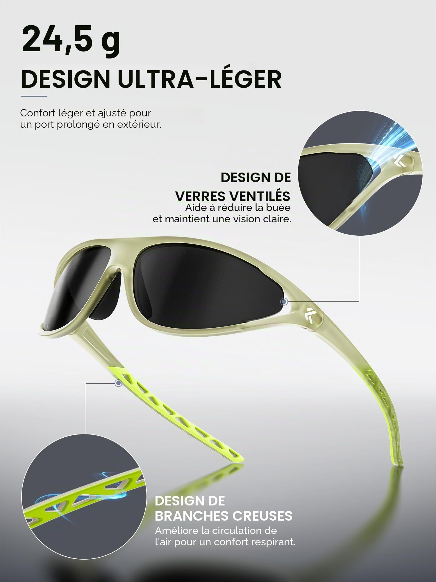 KAPVOE Lunettes de Soleil de Sport Polarisées Homme Femme, 24,5 g Lunettes UV400 Légères pour Cyclisme Course Pêche Randonnée K568A