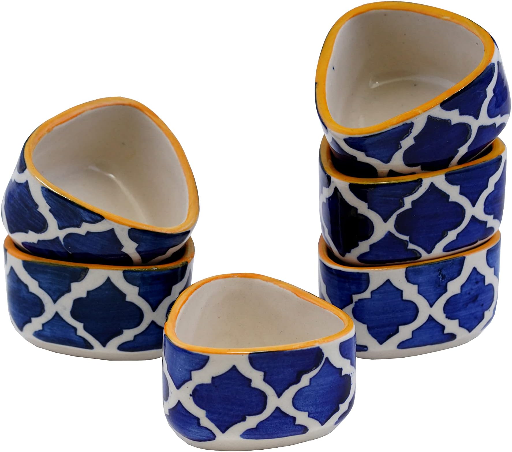 Handpainted Moroccan Studio Pottery Ceramic Chutney Bowl/Pickle Bowl/Sauce Bowl/Small Katori Set in Triangle Shape (40 ML, Small, Set of 6, Blackand Off White)