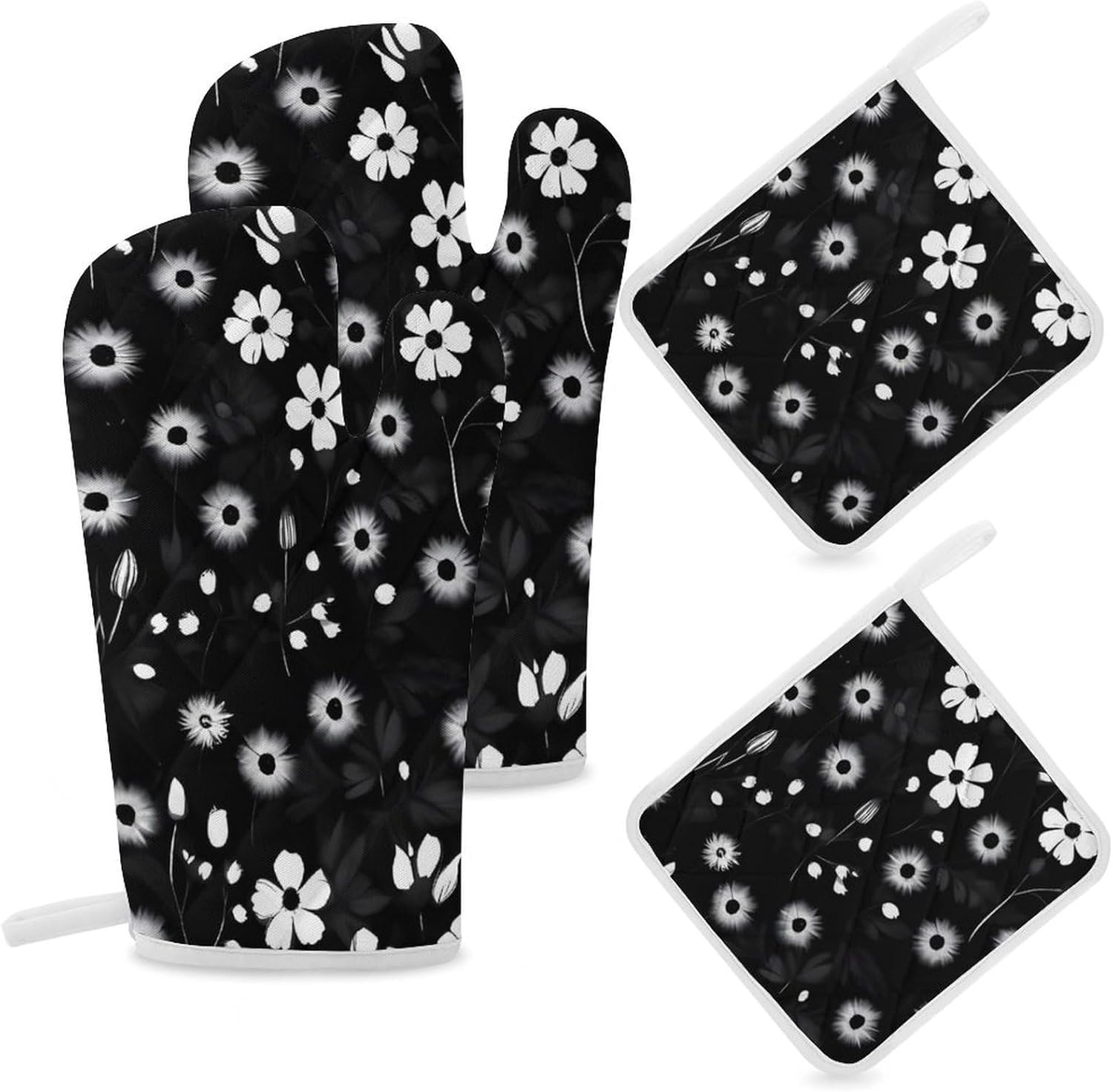 Oven Mitts Pot Holders Kitchen Black and White Floral Print Heat Resistant Oven Glove for Baking and Cooking