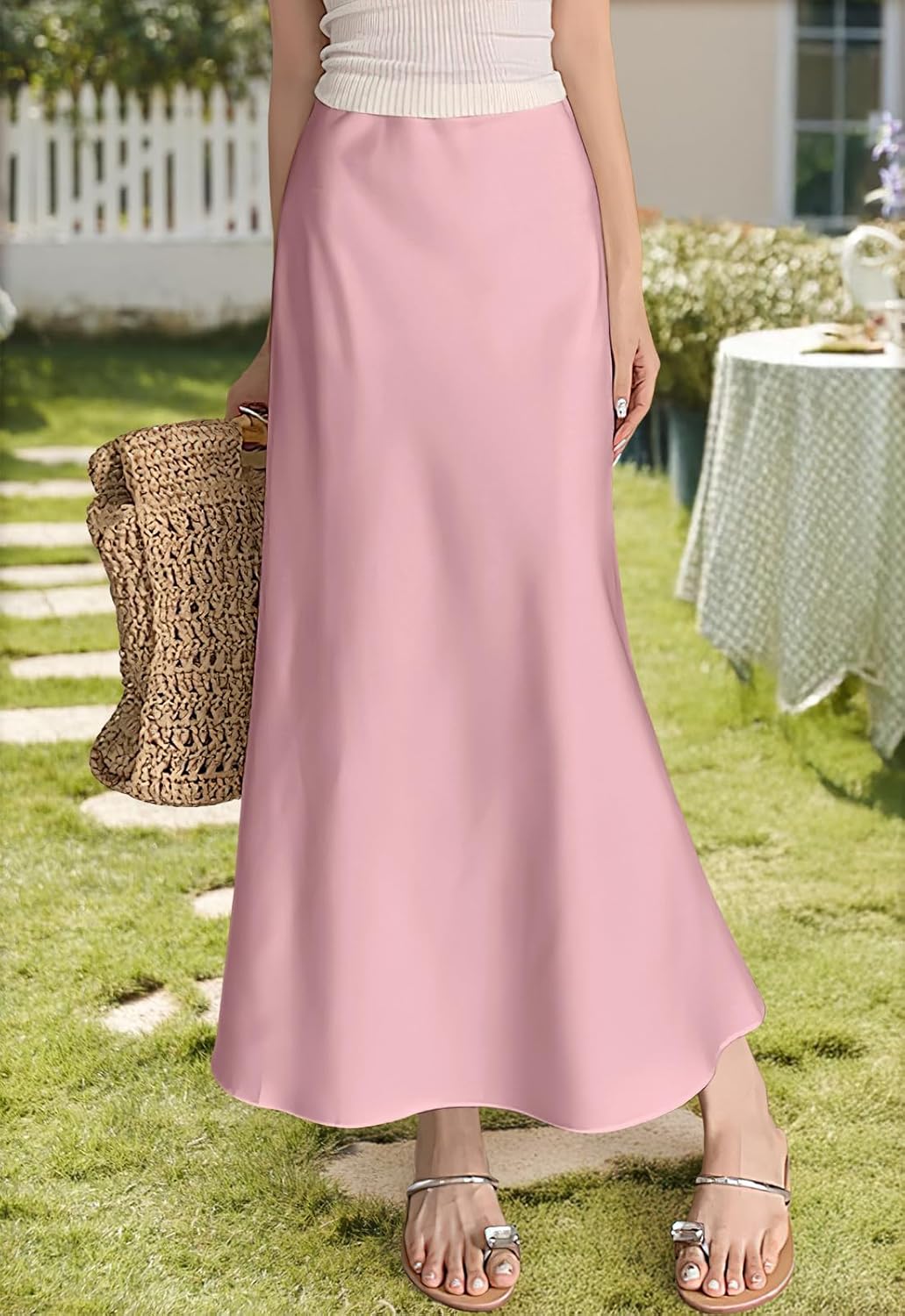 ebossy Women's Elegant Long Satin Skirt Silk Dressy Hidden Elastic Waist Flared A-Line Maxi Skirts - Image 2