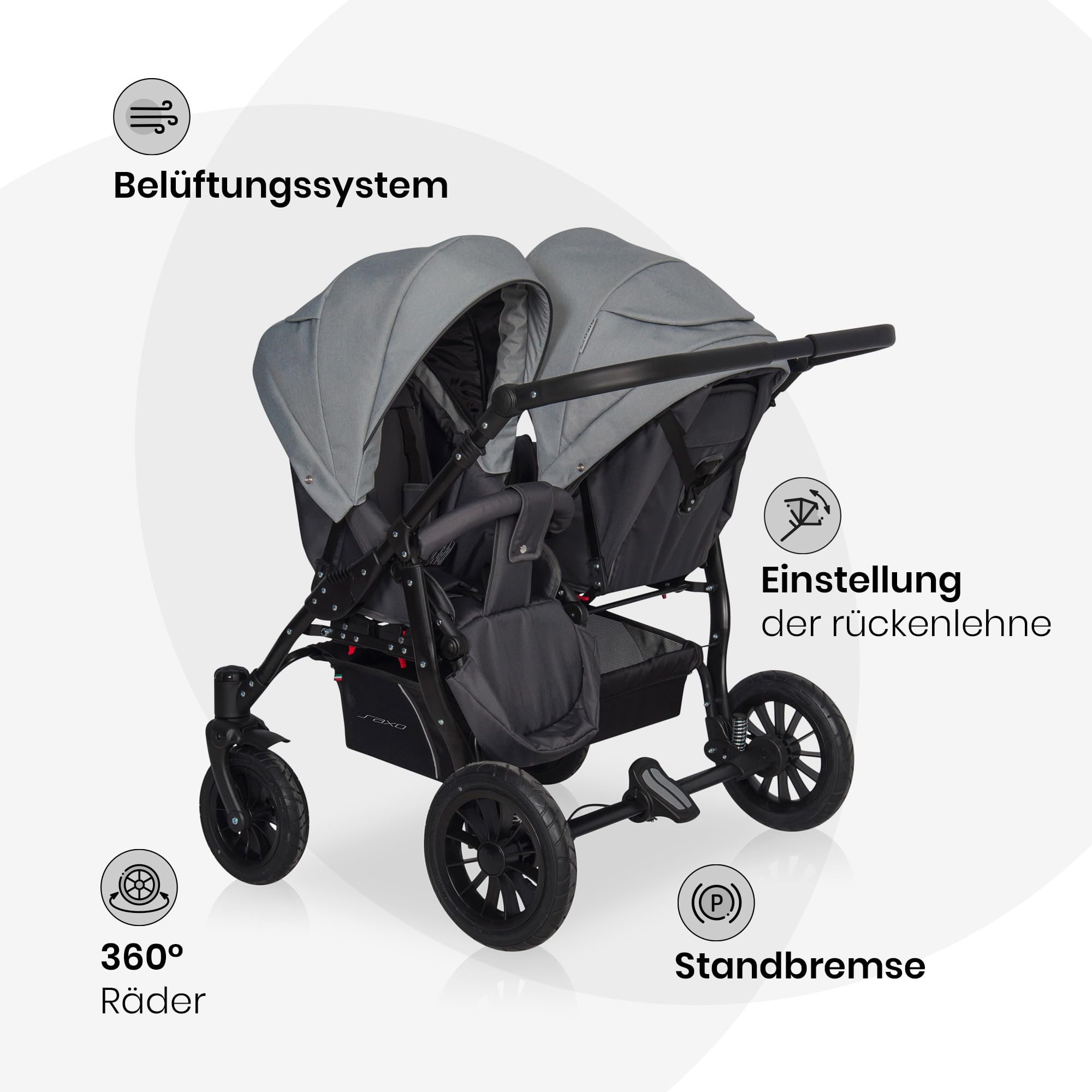 Riko Basic kinderwagen 2 in 1 SAXO für Zwillinge – 2 baby Gondeln – kinderwagen für 2 kinder – Ventilatoren und Verdeck – geräumiger Korb und Tasche – Zentralbremse – Onyx
