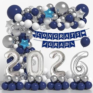 Graduation Decorations Class of 2026: Navy Blue and Silver Graduation Balloon Arch Garland Kit and Silver Confetti Balloons Congrats Grad Banner 2026 Foil Balloon