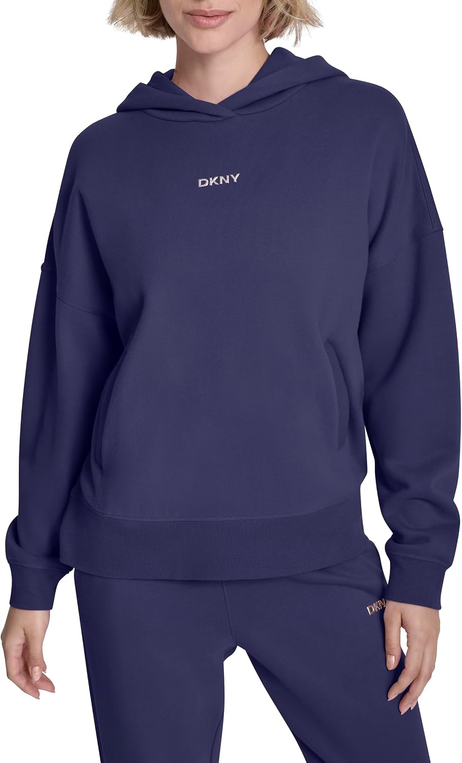 DKNY Women's Metallic Bubble Logo Drop Shoulder Hoodie Sweatshirt