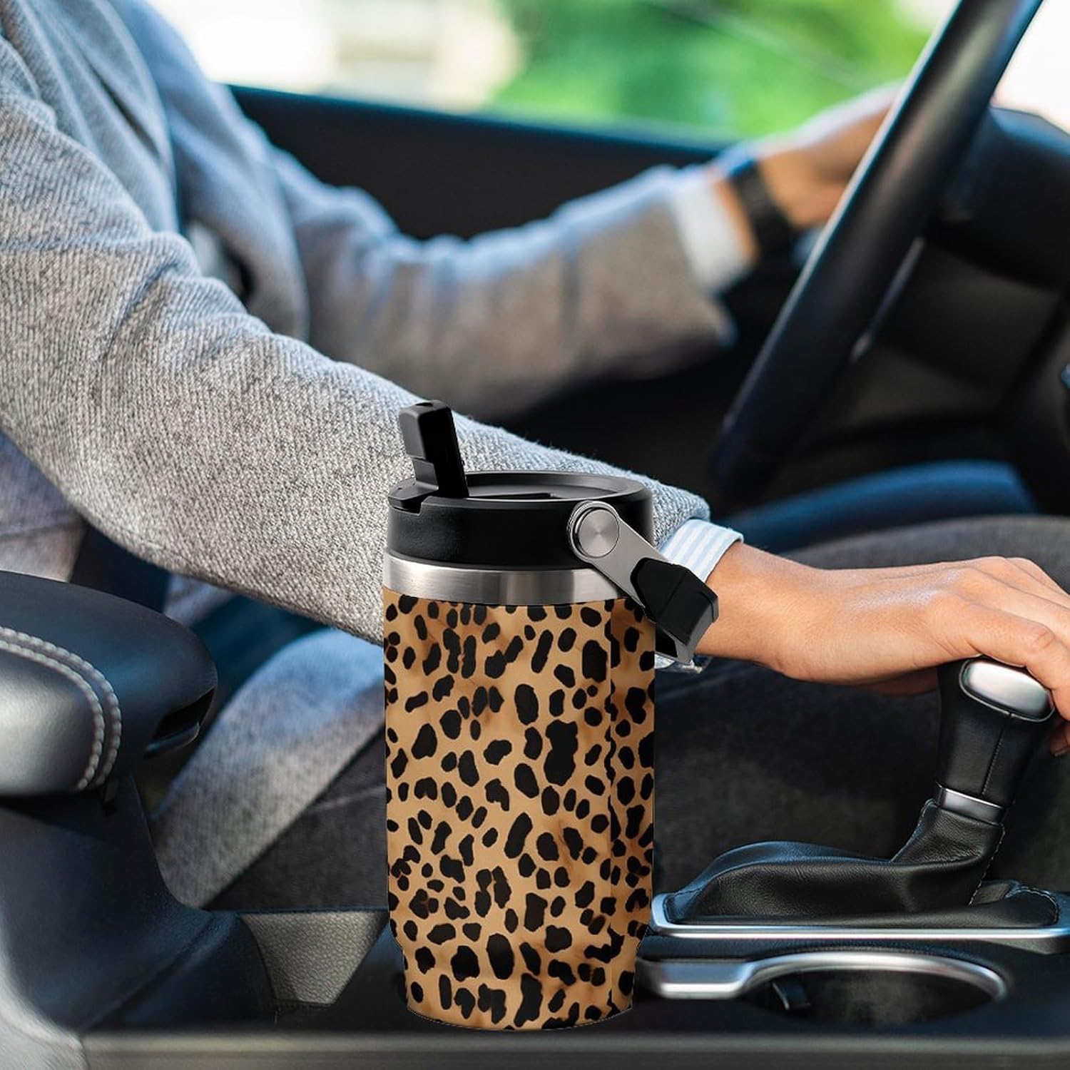 30oz Insulated Tumblers with Top Handle, Stainless Steel Leopard Patterned Wallpaper Car Cup with Straw for Gift, Leak-Proof Double Wall Vacuum Travel Mug, Personalized Water Bottles Black