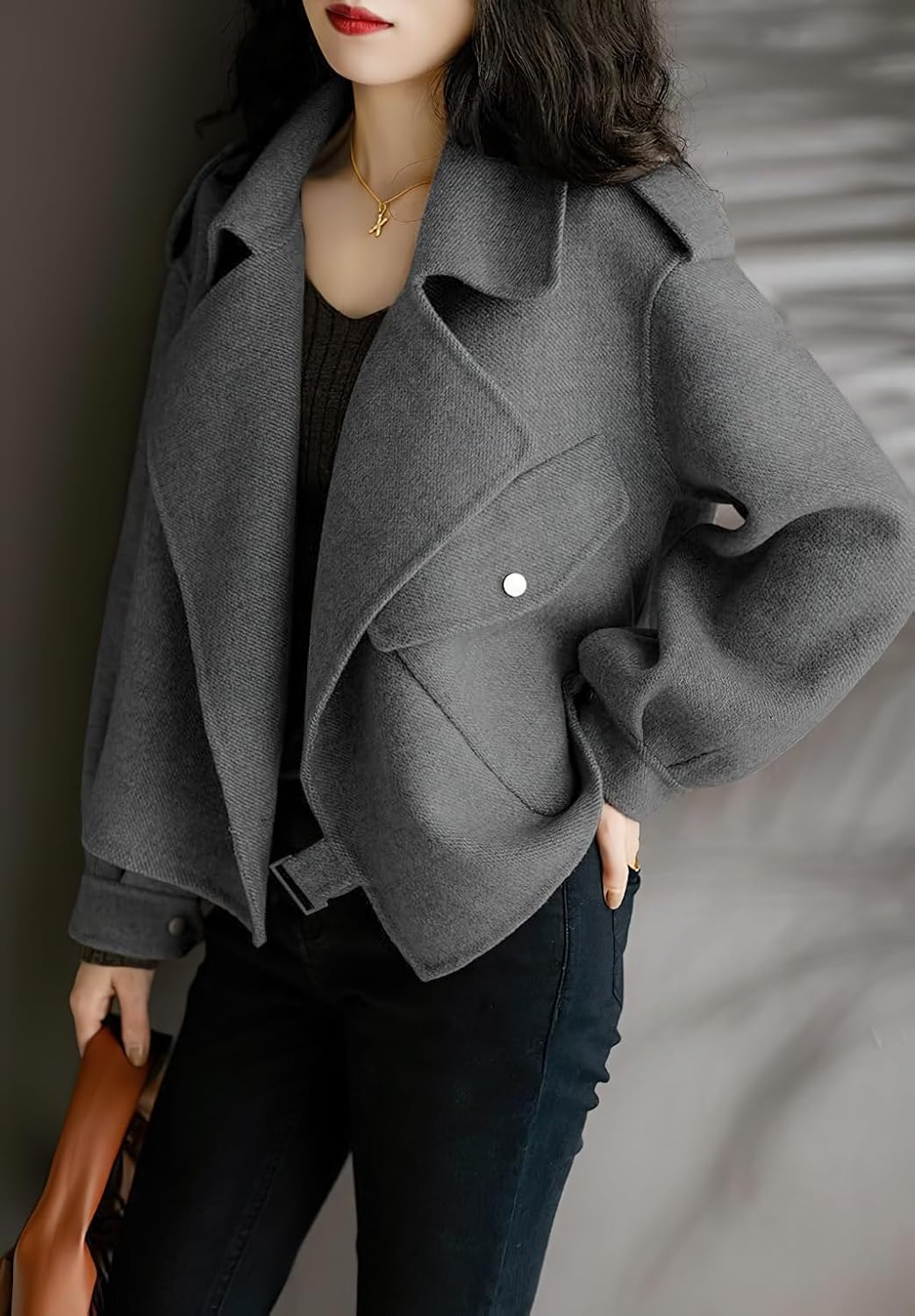 chouyatou Women's Fall Casual Cropped Wool Coat Open Front Loose Dressy Blazer Jacket Short Trench Coat - Image 3