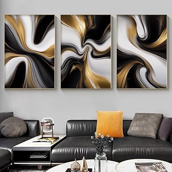 JCSMHVLA Black and Gold Abstract Canvas Wall Art Set of 3 for Living Room Black Gold Canvas Painting Black Gold Wall Art Black Gold Artwork Prints Black White Gold Pictures Decor 16x24inx3pcs Unframed