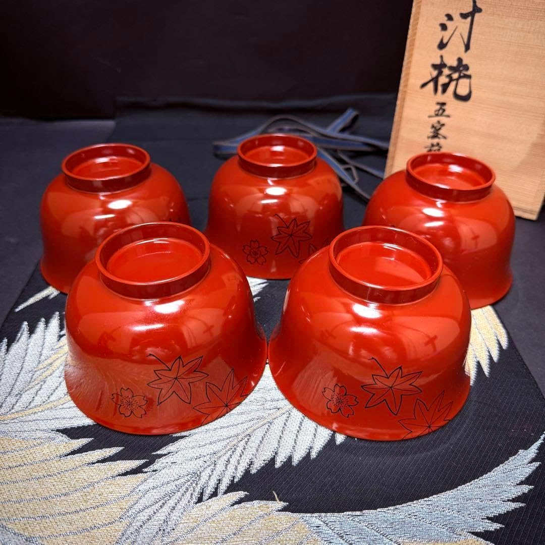 漆器 木製 もみじ桜彫 細工 茶碗 吸物椀 汁椀 5客 共箱 - WWW